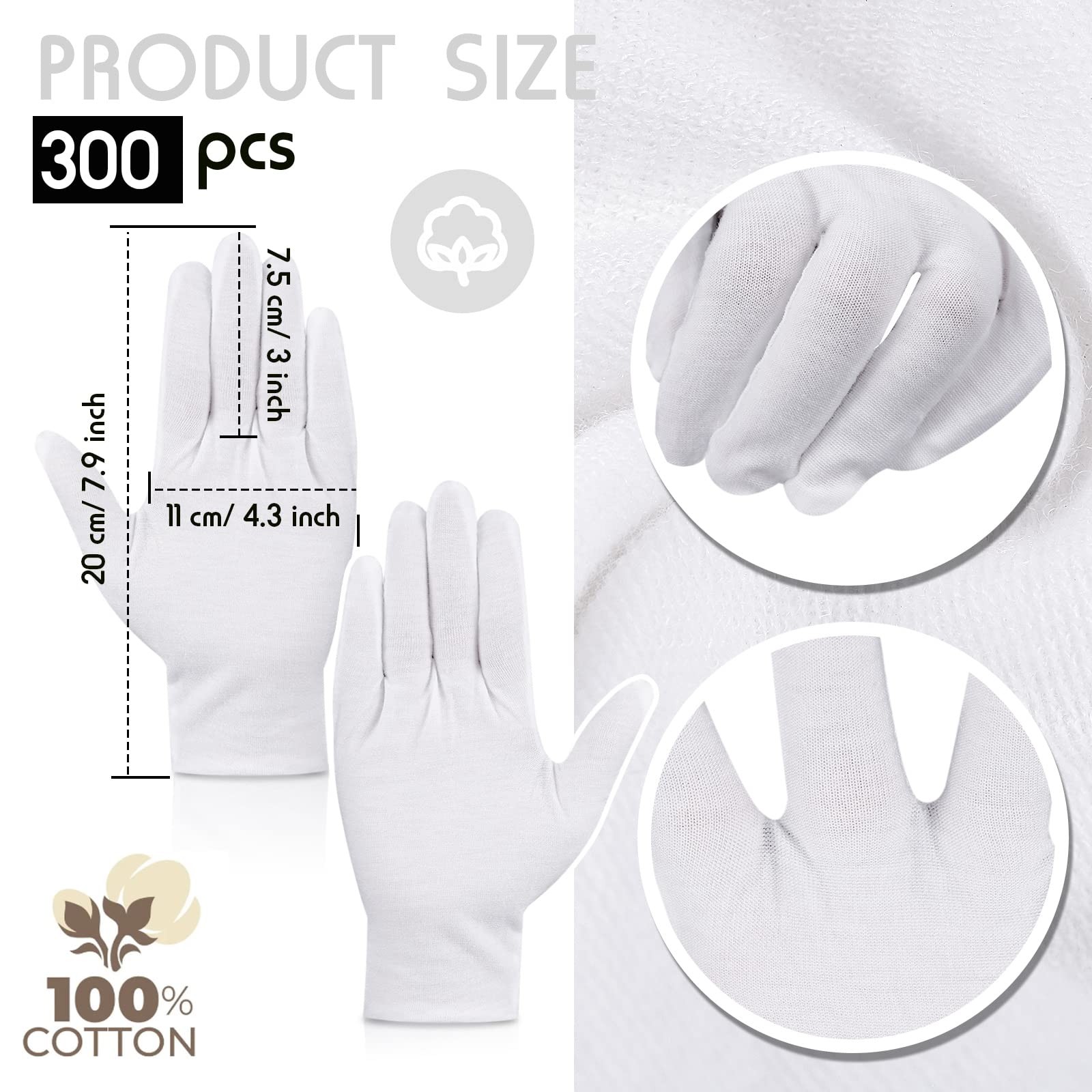 300 Pairs White Cotton Gloves Bulk Pack Moisturizing Overnight Dry Hand Eczem…