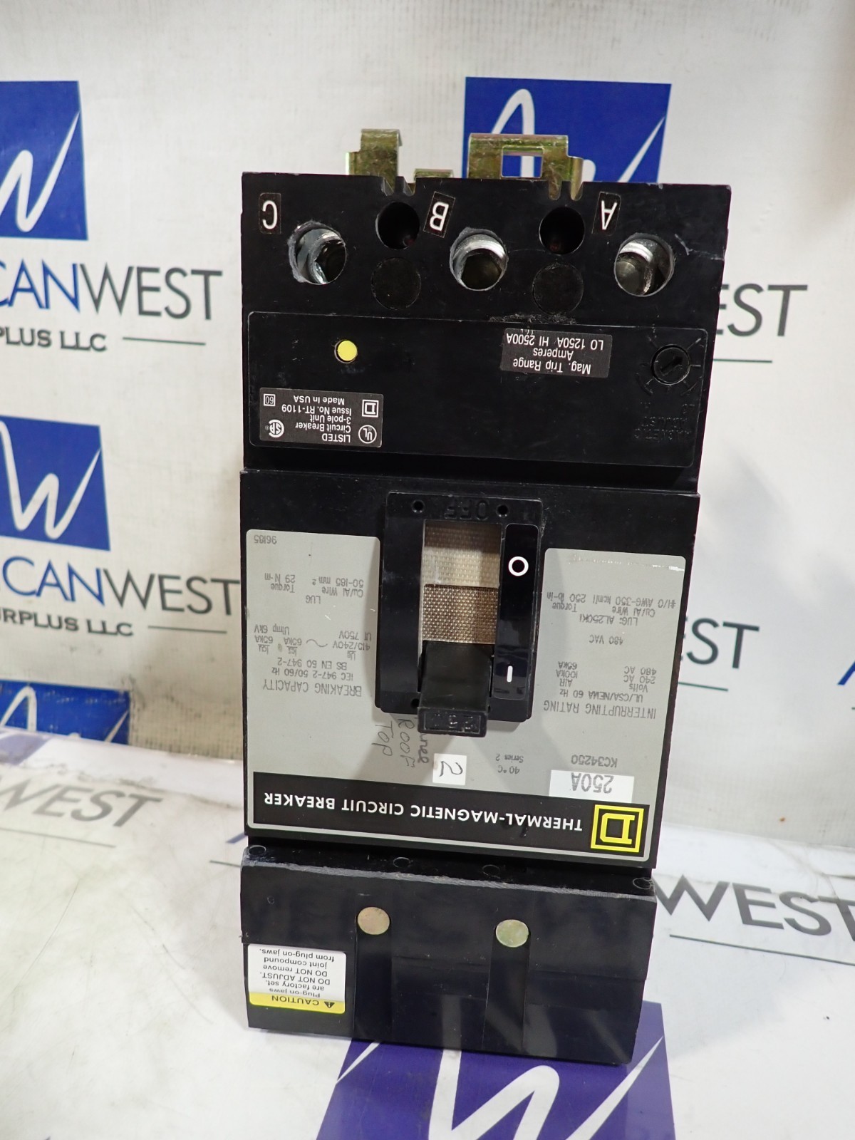 Square D KC34250 250 Amp 480 VAC 3 Pole 65k @ 480v I-Line Circuit Breaker TESTED