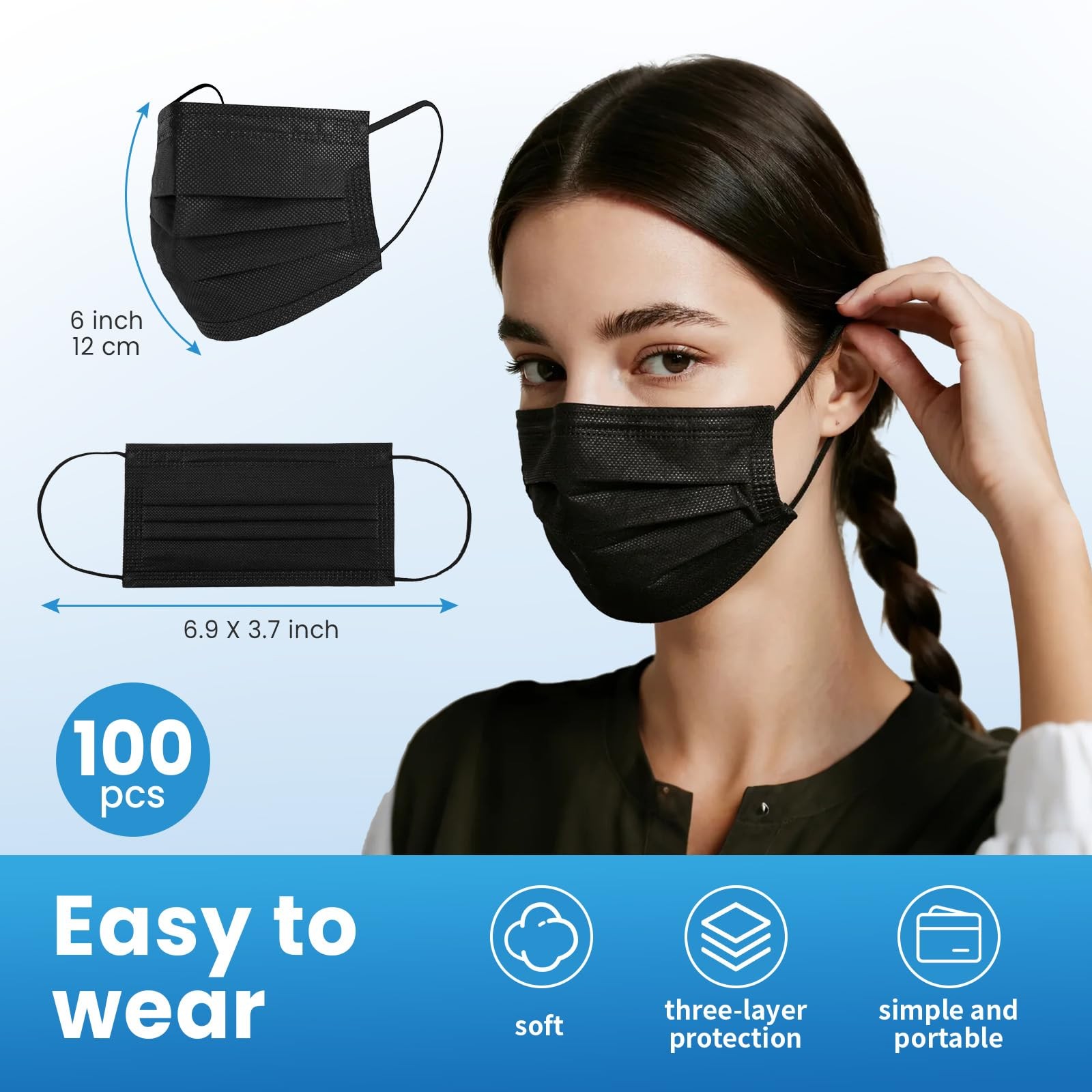 Disposable Face Mask 100 PCS Black 3 Ply Protection
