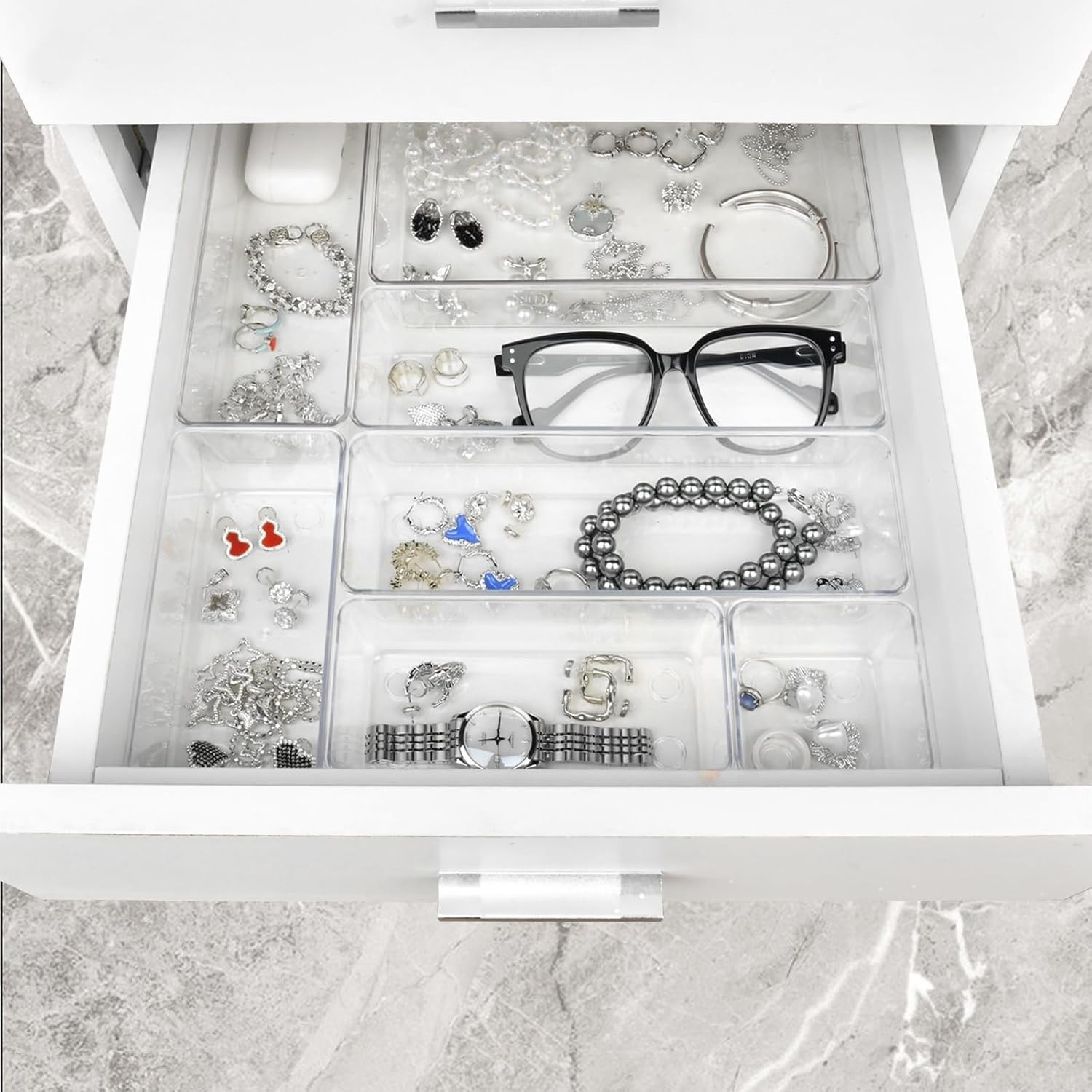15 Piece Clear Drawer Organizer Set 4 Size Plastic Storage Bins for Desk Kitchen