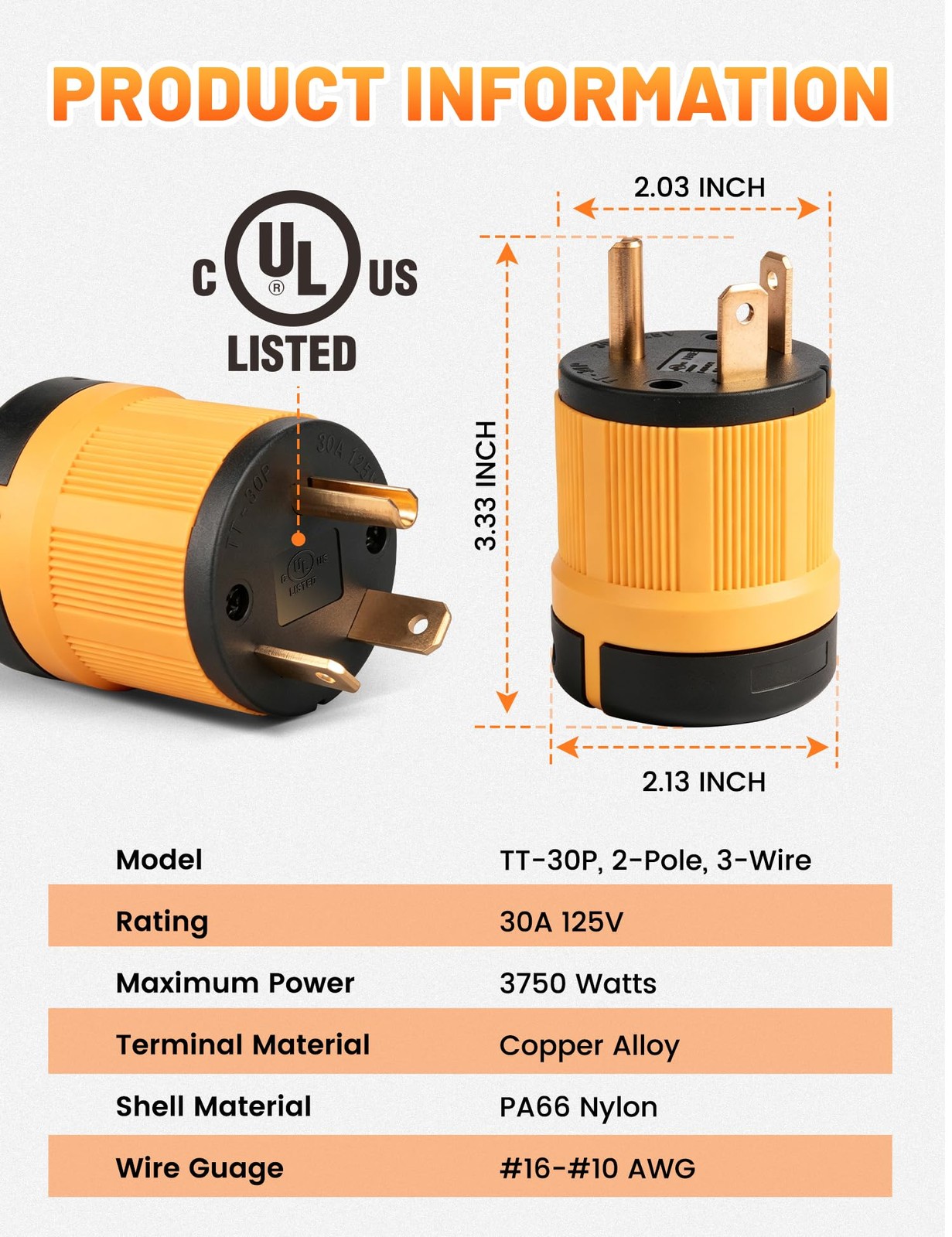 30A 125V NEMA TT-30P RV Plug 3 Prong Generator Replacement Male Connector