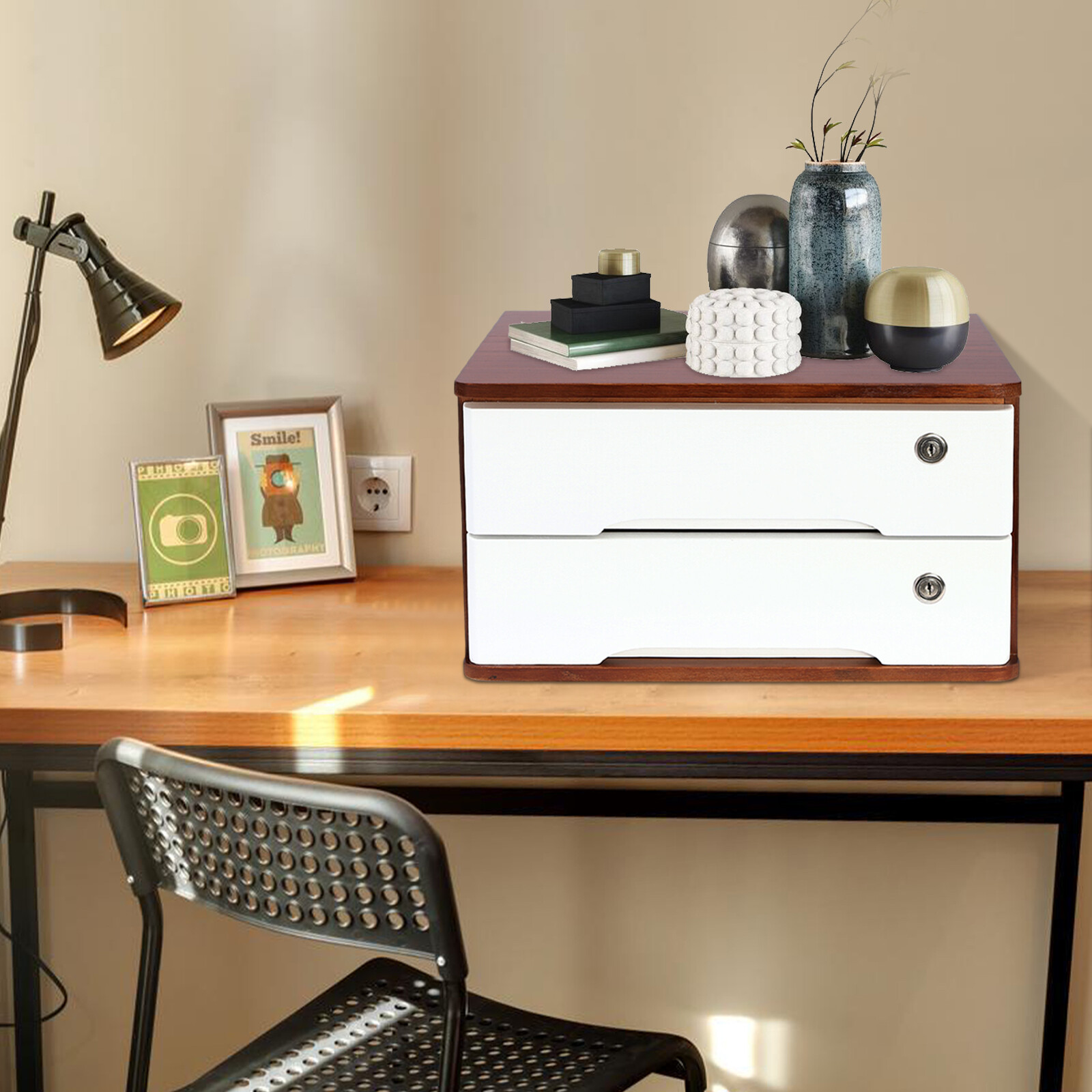 Premium Tung Wood Desktop Organizer 2 Tier Lockable Drawers Storage Solution