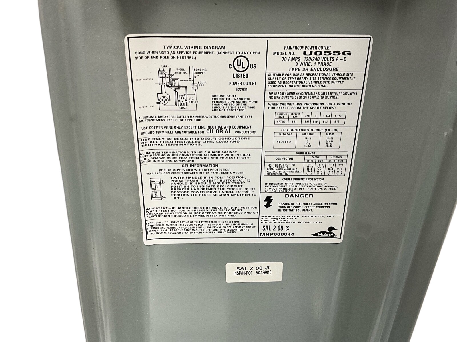Midwest U055GP Unmetered Power Outlet, 120/240 VAC, 70 A, 1 ph Phase