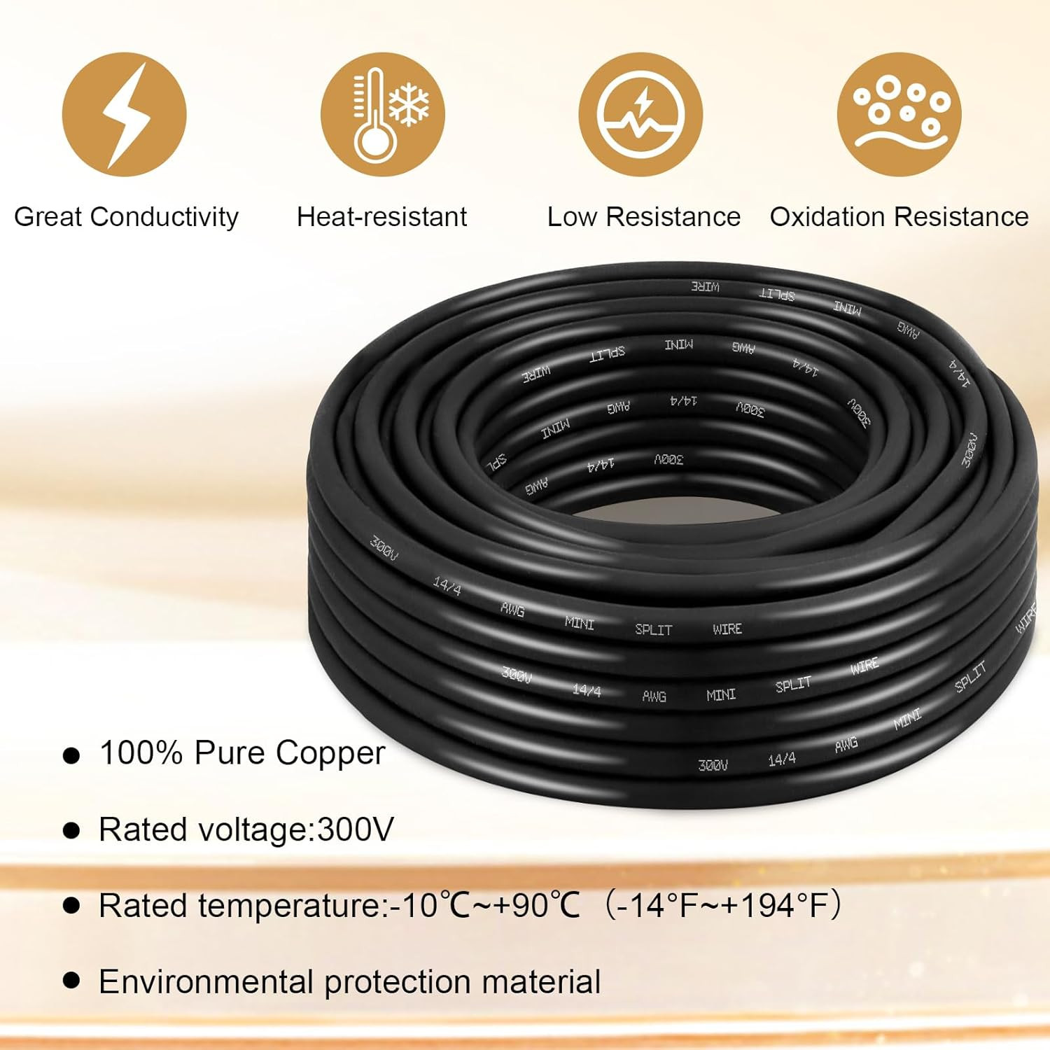 14/4 AWG Mini-Split Cable – 100FT 14 AWG 4 Conductor Control Cable 300V Stranded