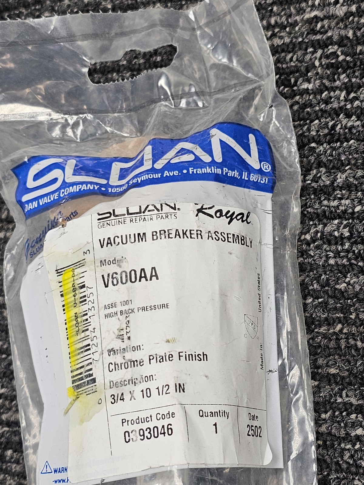 SLOAN V600AA Vacuum Breaker Assembly 0393046 3/4 x 10 1/2 In