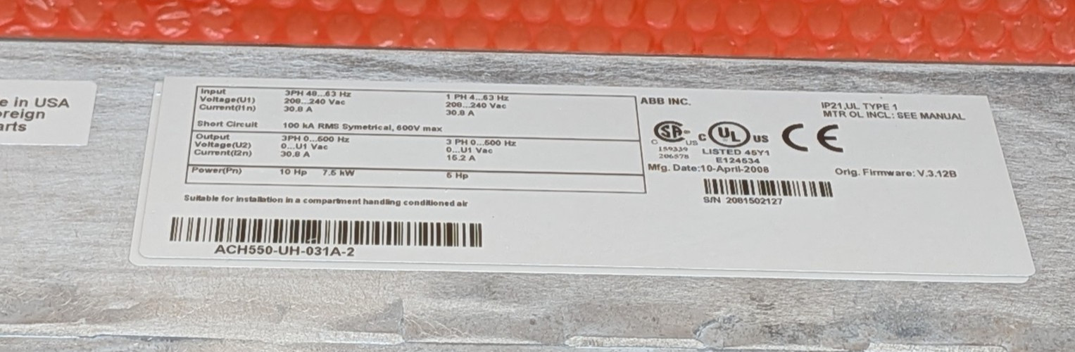 ABB HVAC Variable Frequency Drive ACH550-UH-031A-2 5-10HP 15.2A-30.8A 208-240VAC