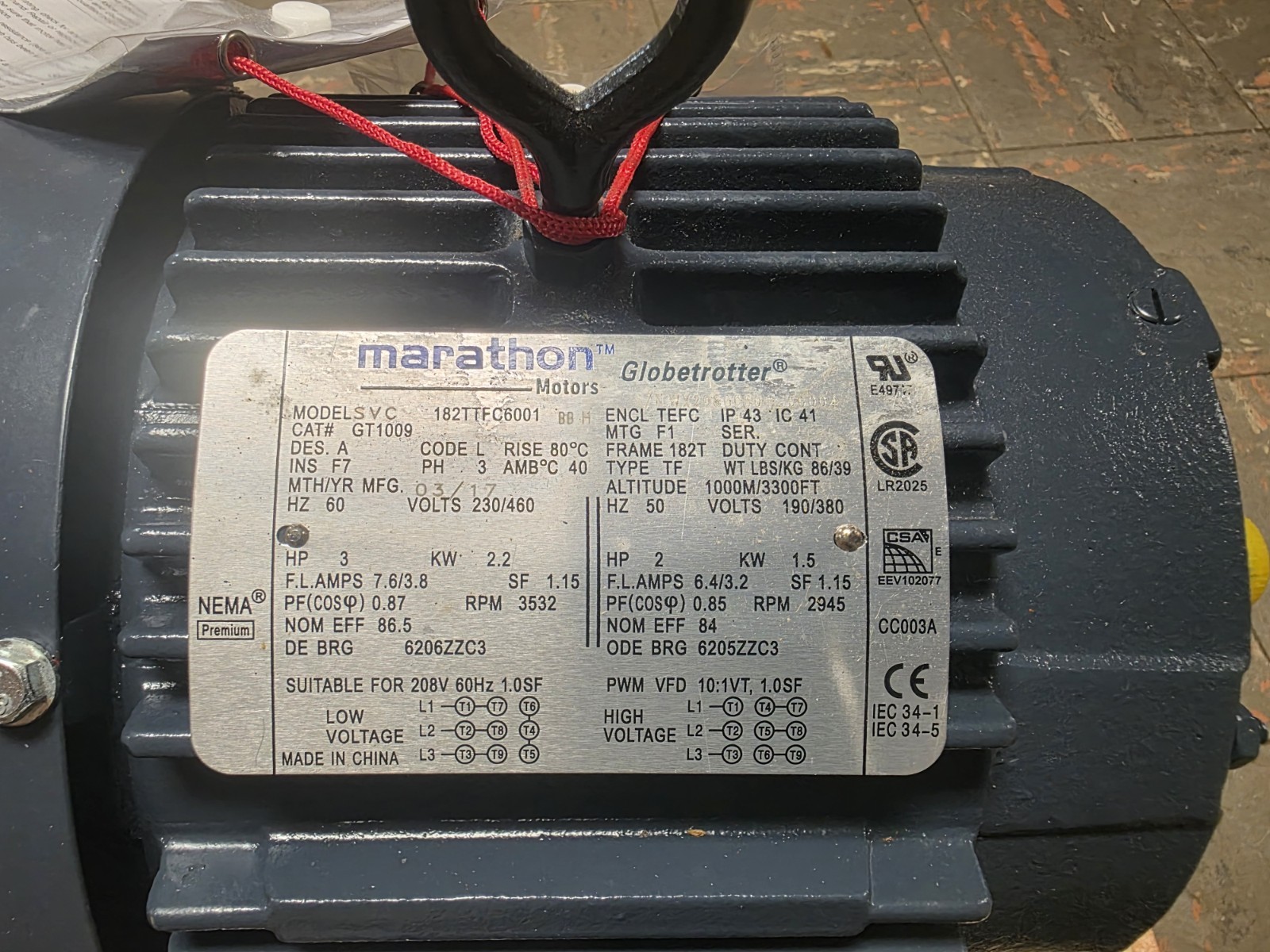 Marathon Cat. GT1009 Electric Motor 3hp 3ph 3532 RPM 182T Fr. Inverter Duty