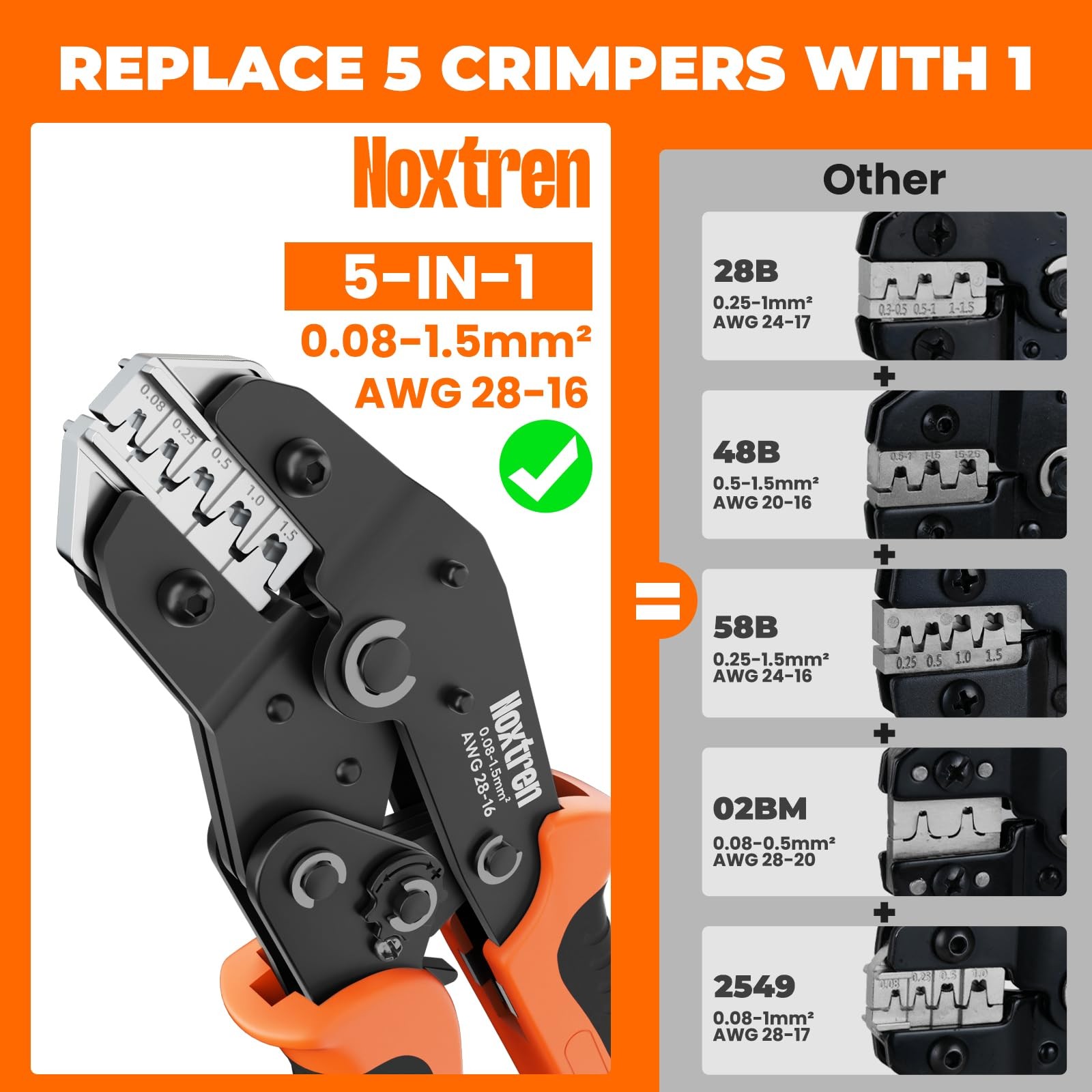 Noxtren 5-in-1 Wire Crimping Tool, AWG 28–16 Ratcheting Pin Orange, Black