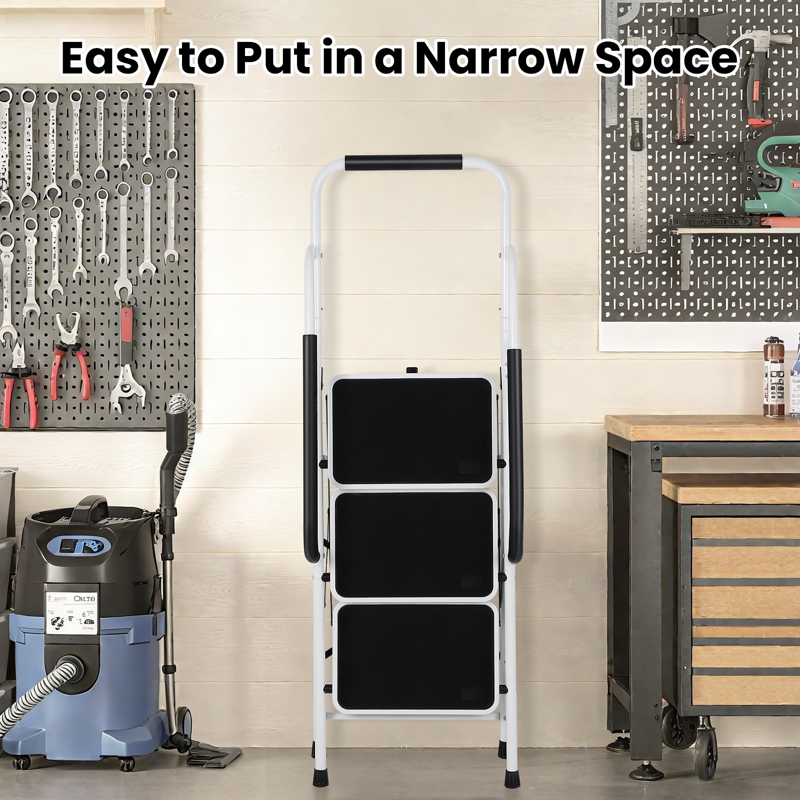 3 Step Ladder with Hankdrails, Portable Folding Step Stool with Safety Lock