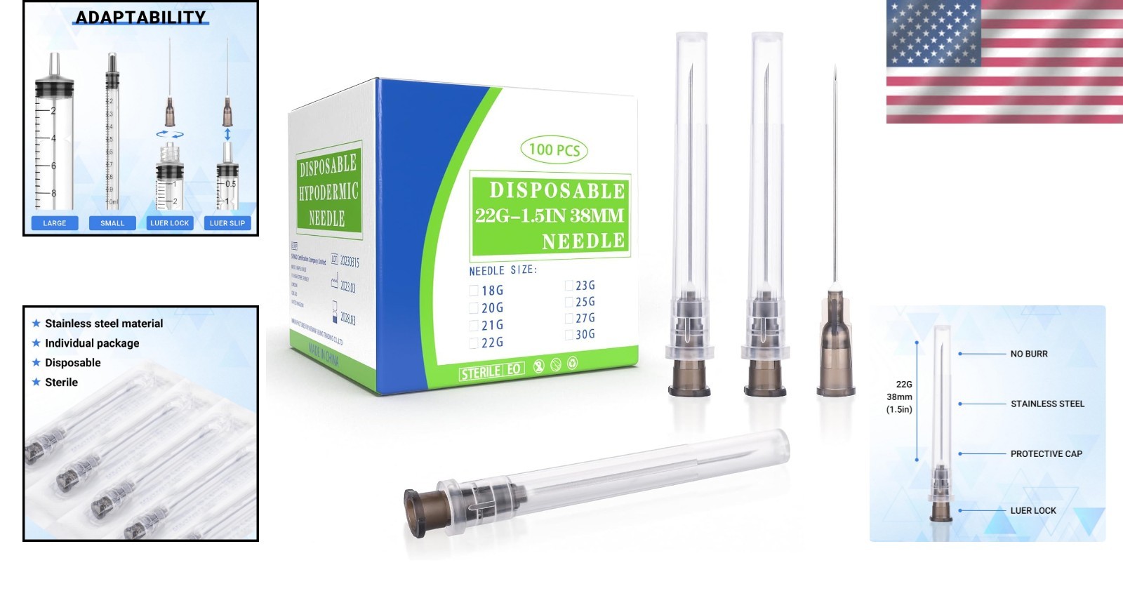 Individually Wrapped 22Ga 1.5IN Disposable Needles for Laboratory and Industry