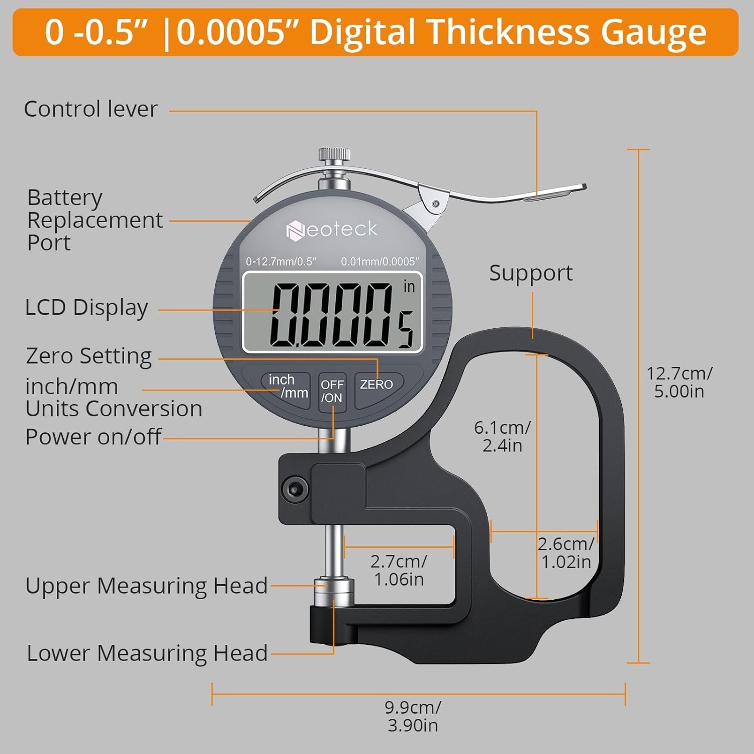 Neoteck Digital Thickness Gauge 0.5in 12.7mm 0.01mm LCD Inch/MM for Leather