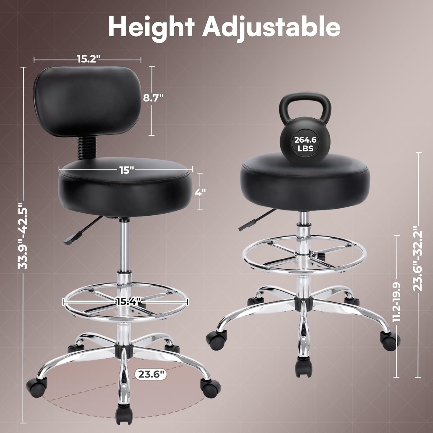 Drafting Chair with Back Cushion Adjustable Foot Rest Black Alloy Steel Seat