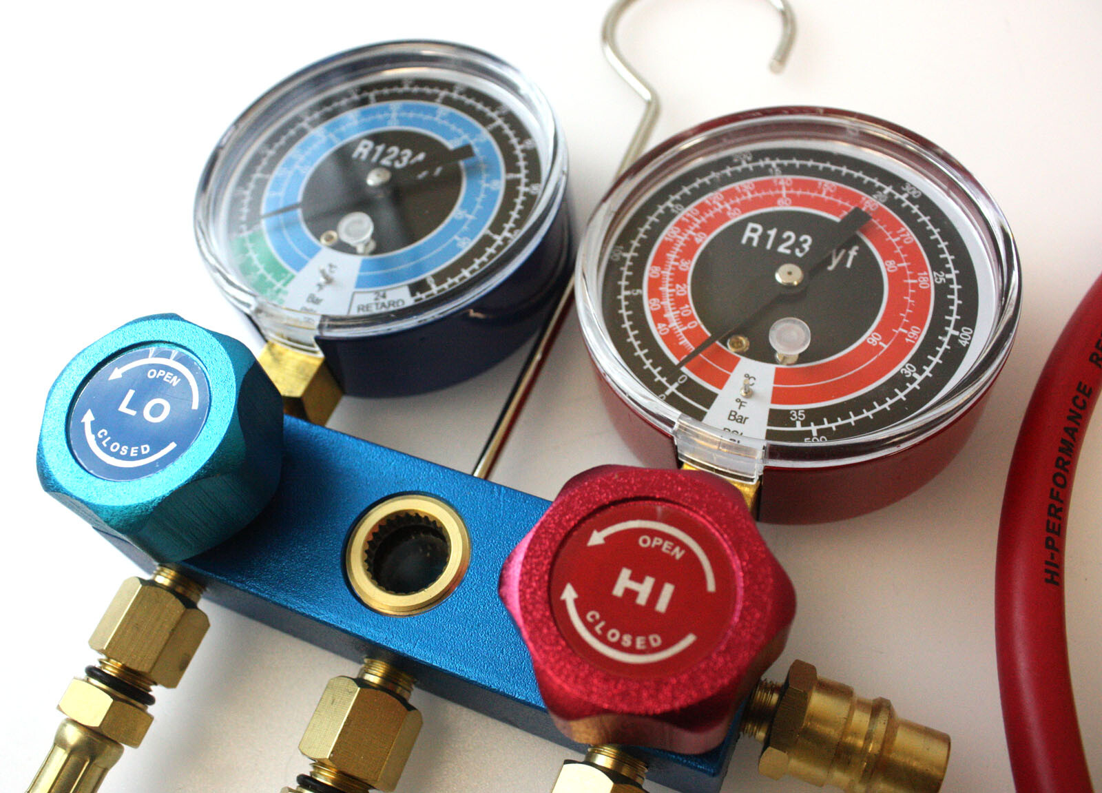 R1234YF HVAC Air Conditioning Aluminum Manifold Gauge Set W/ 3 Color Hoses A/C