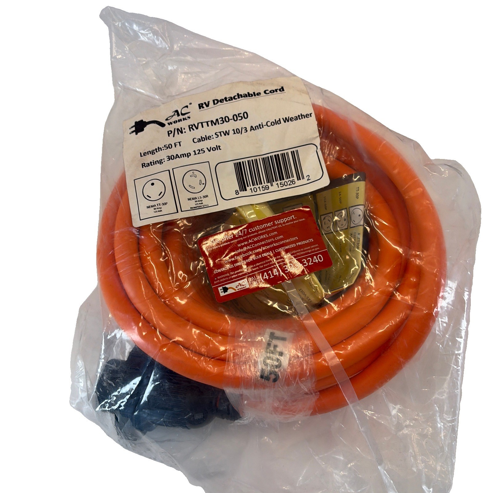 AC WORKS 50ft 30A 125V RV/Marine Adapter Cord – TT-30P to L5-30R