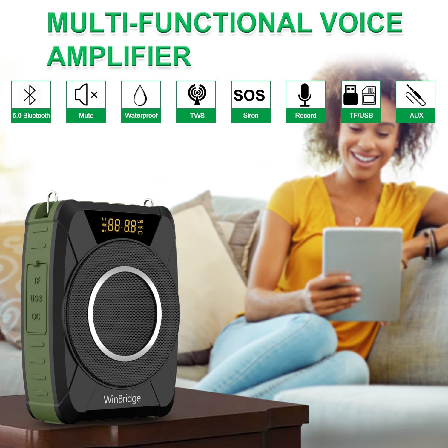 Bluetooth 5.0 Voice Amplifier with Wireless Mic Headset, Waterproof Personal