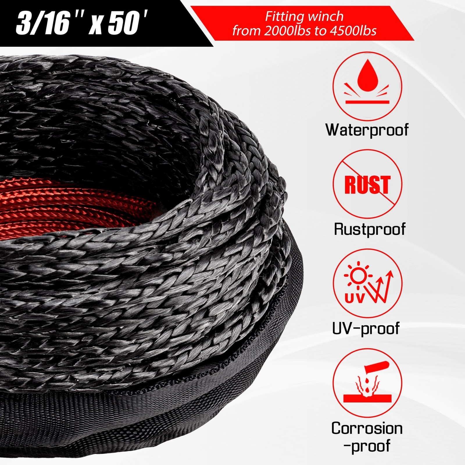 Synthetic Winch Rope-3/16 x 50ft 8,450LBS Winch Line with 4-7/8″ Fairlead, Fo…