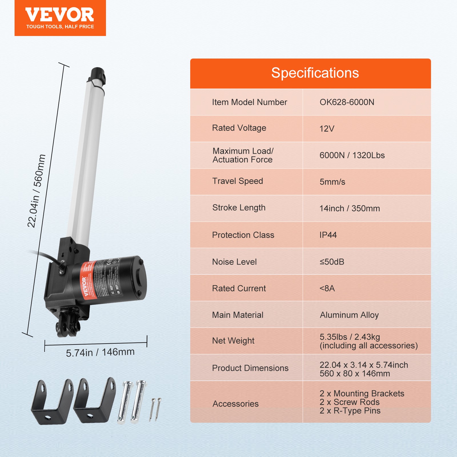 VEVOR Linear Actuator 12V 14In Heavy Duty 1320lbs/6000N 0.19″/s IP44 Protection
