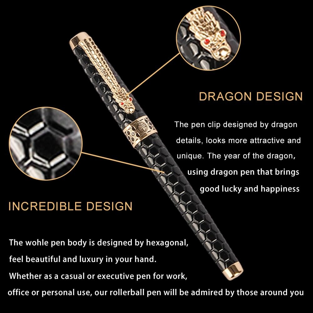 Stunning Luxury Rollerball Pen with 24K Gold Trim,Switzerland Tip with Black Ink