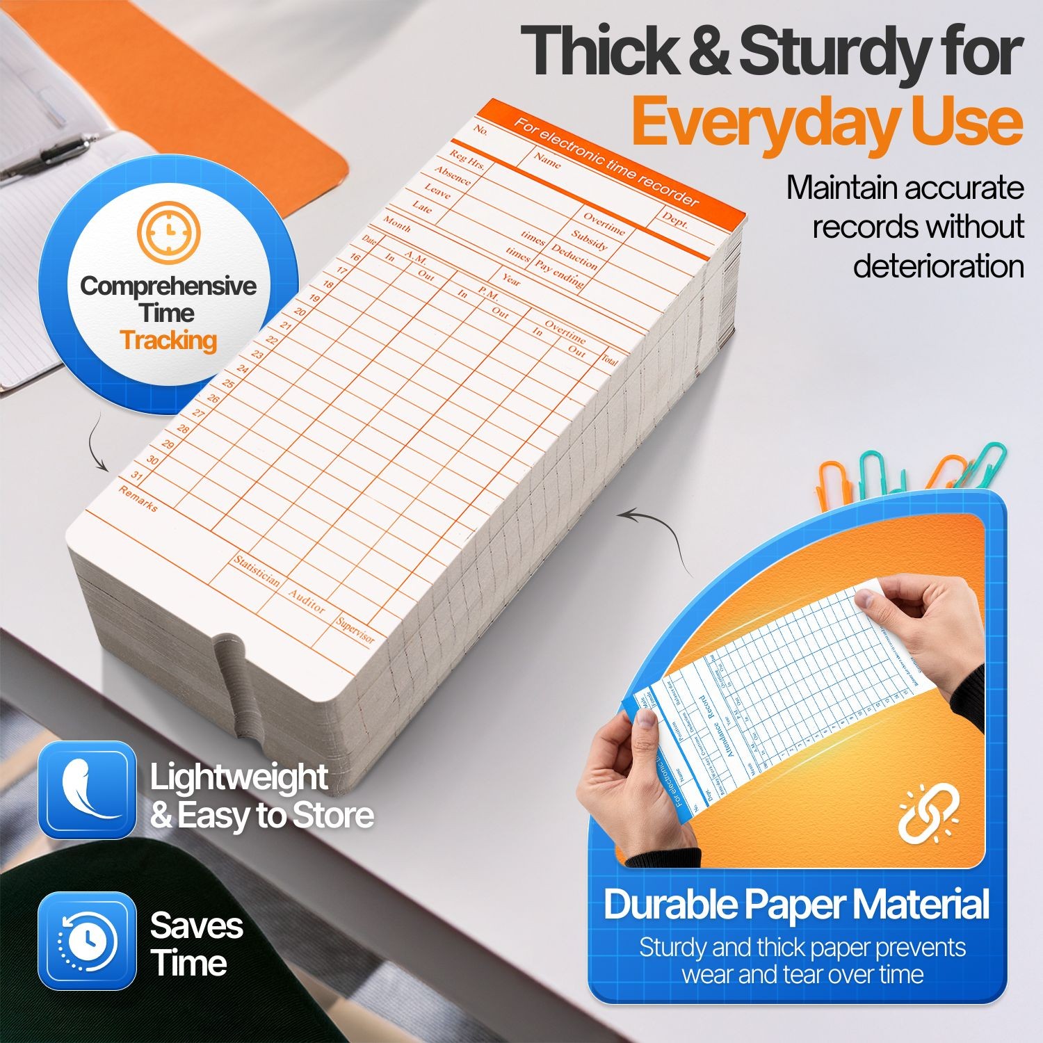 Time Cards, Monthly Timesheet, Clock Timecard, 6 Column 2-Sided Card – 100pcs
