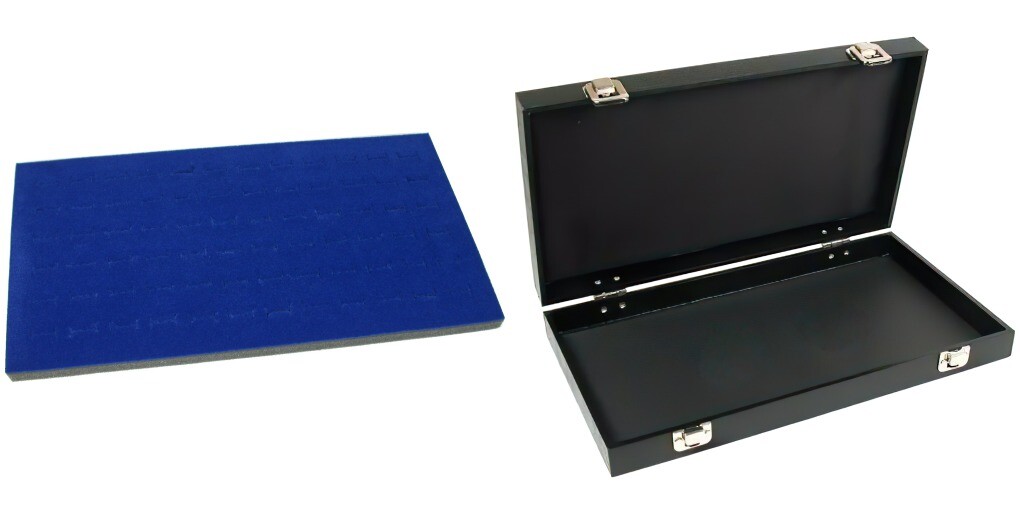 Black Jewelry Case (2xMetal Clasps & Removable Lid) w/ Blue 72-slot Foam Insert