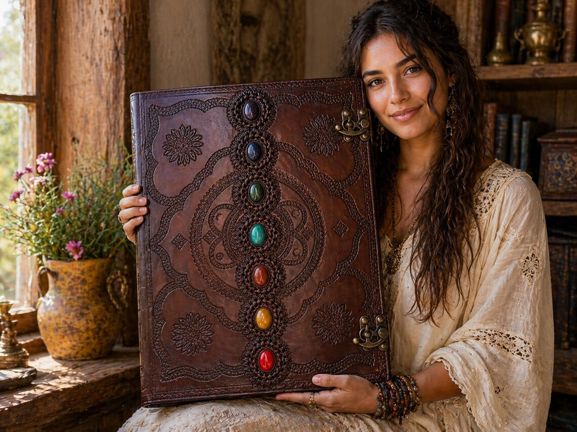 Extra Large Leather Journal Boho Gemstone Writing Diary 13×10 – 200pages