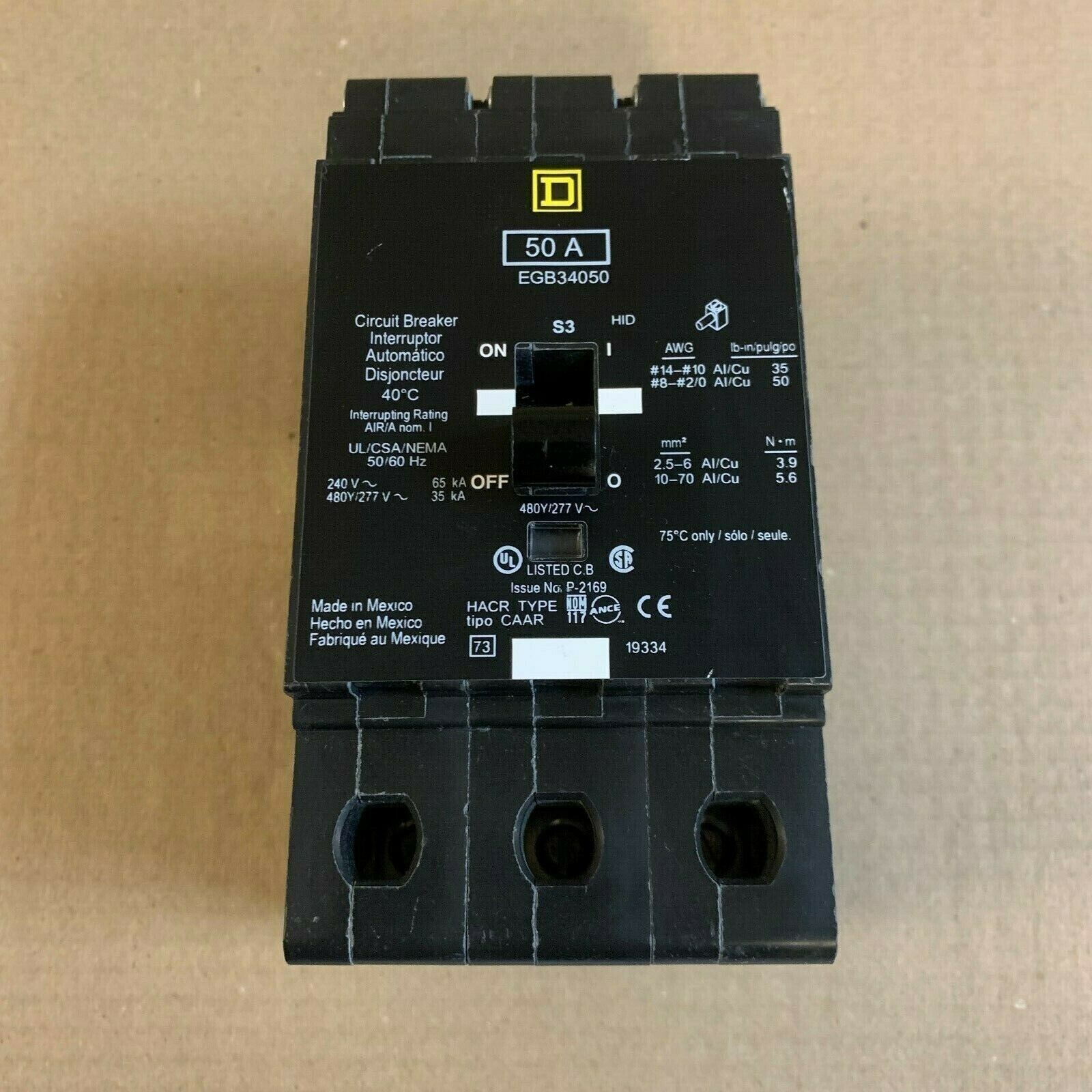 NEW Square D EGB EGB34050 3 Pole 50 Amp 480v Circuit Breaker New Take Out