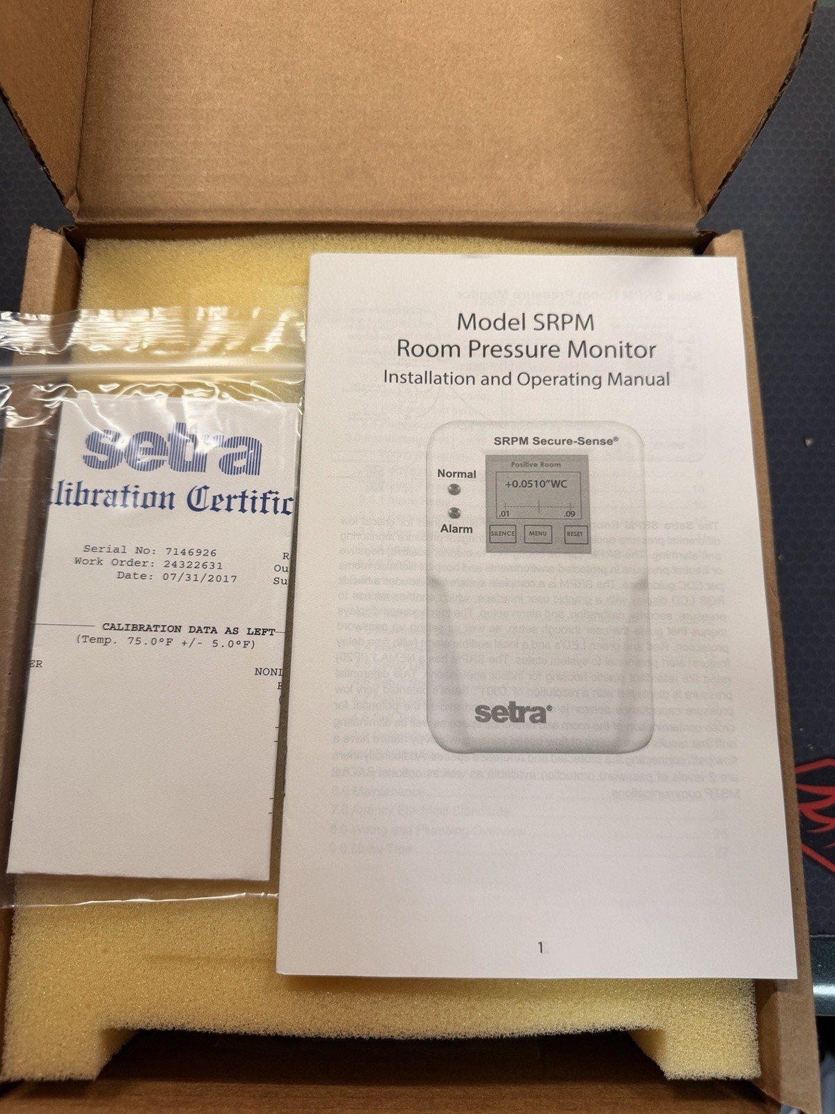 Setra SRPMR25WBA2V Differential Room Pressure Monitor Electromechanical SPDT