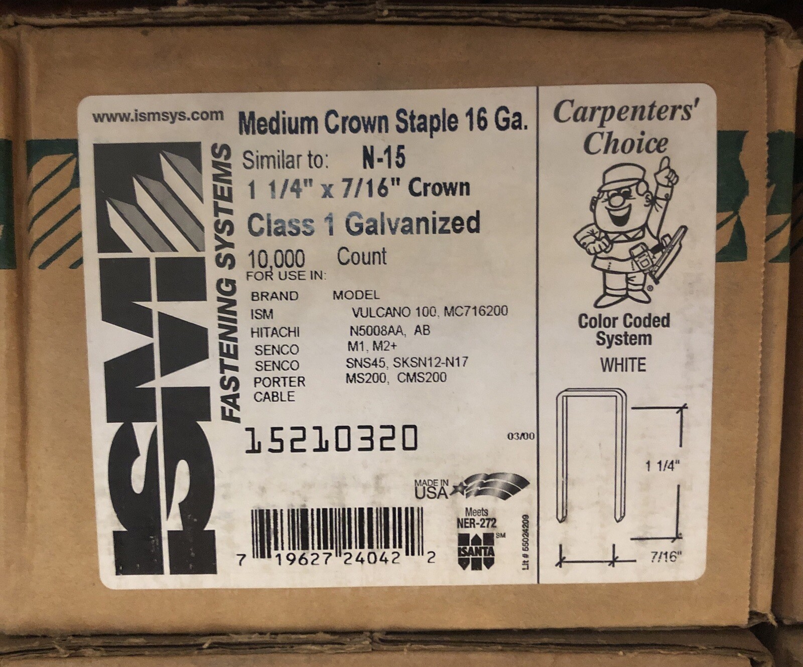 ISM 10000 Pack 16 Gauge 7/16″ Crown X 1-1/4″ Leg Galvanized Heavy Duty Staples