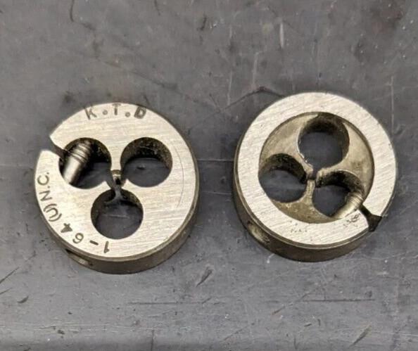 2 Round Dies 1-64 UNC CS 13/16″ OD Screw Adjusting Adjustable Die Carbon Steel