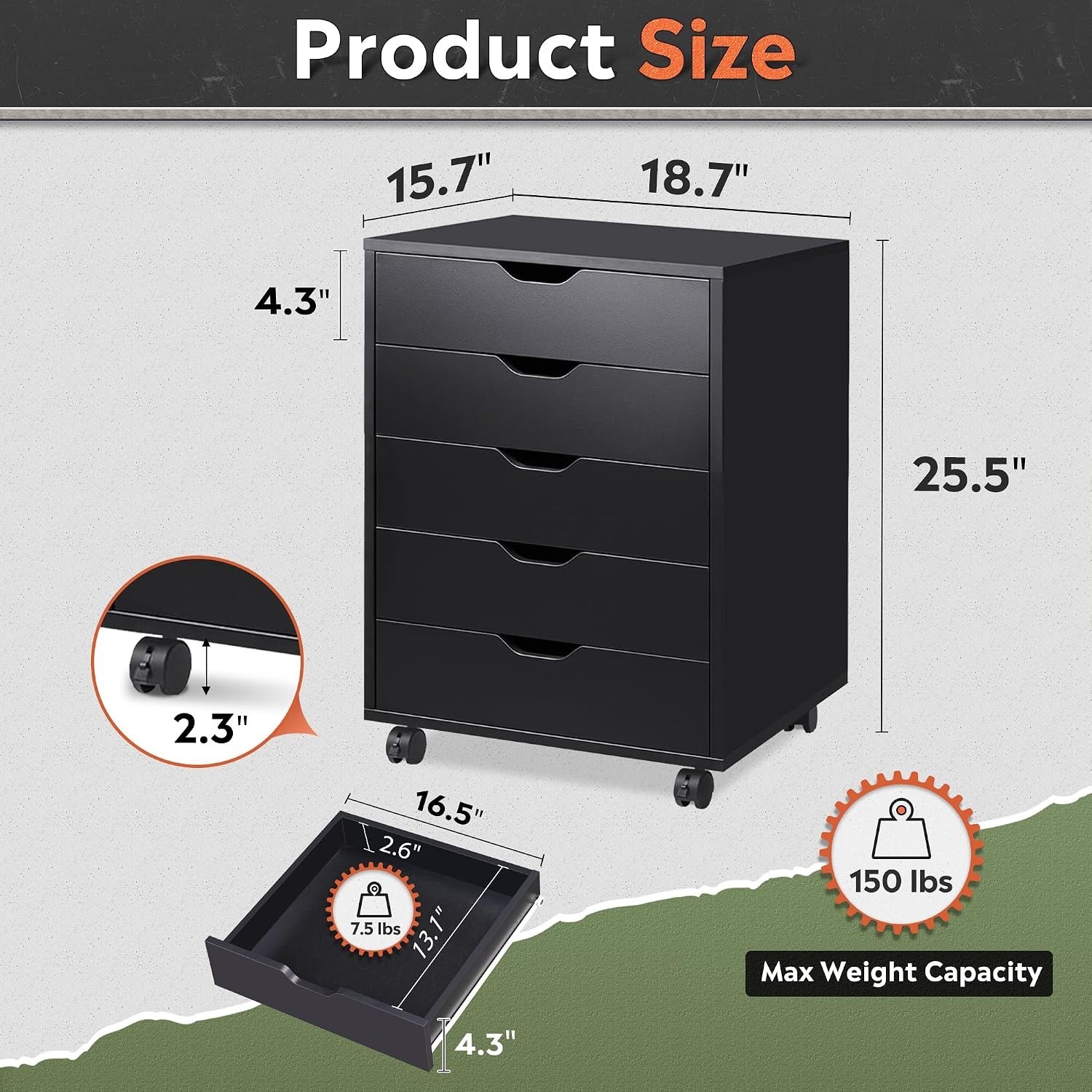 Versatile Black 5-Drawer Cabinet with Wheels – Perfect for Home Office Use