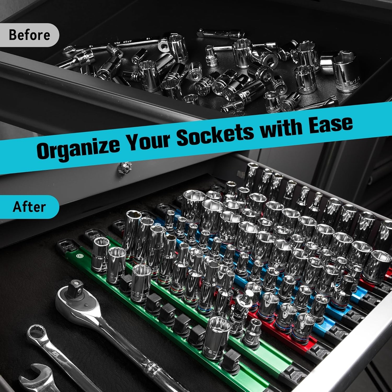 DURATECH 6PCS Magnetic Socket Organizers Set 1/4″ 3/8″ 1/2″ Aluminum Rail Holder