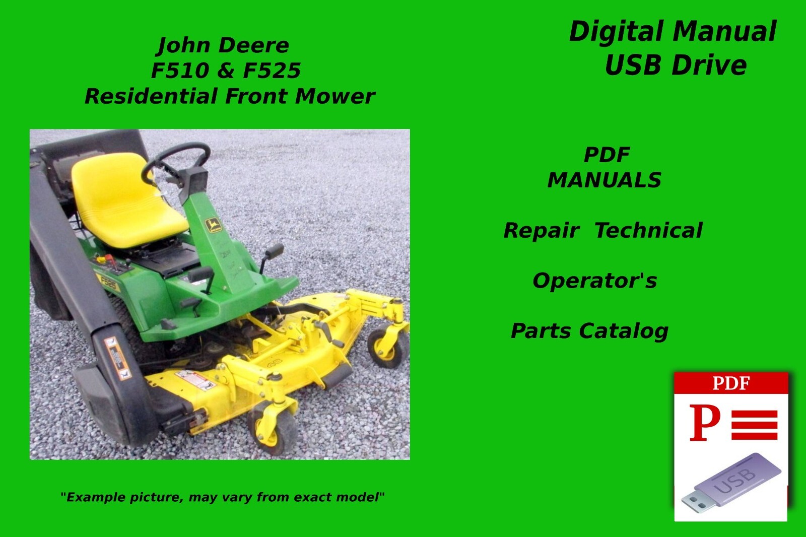John Deere F510 F525 Mower Technical & Operator Manual Set + Parts Catalog USB