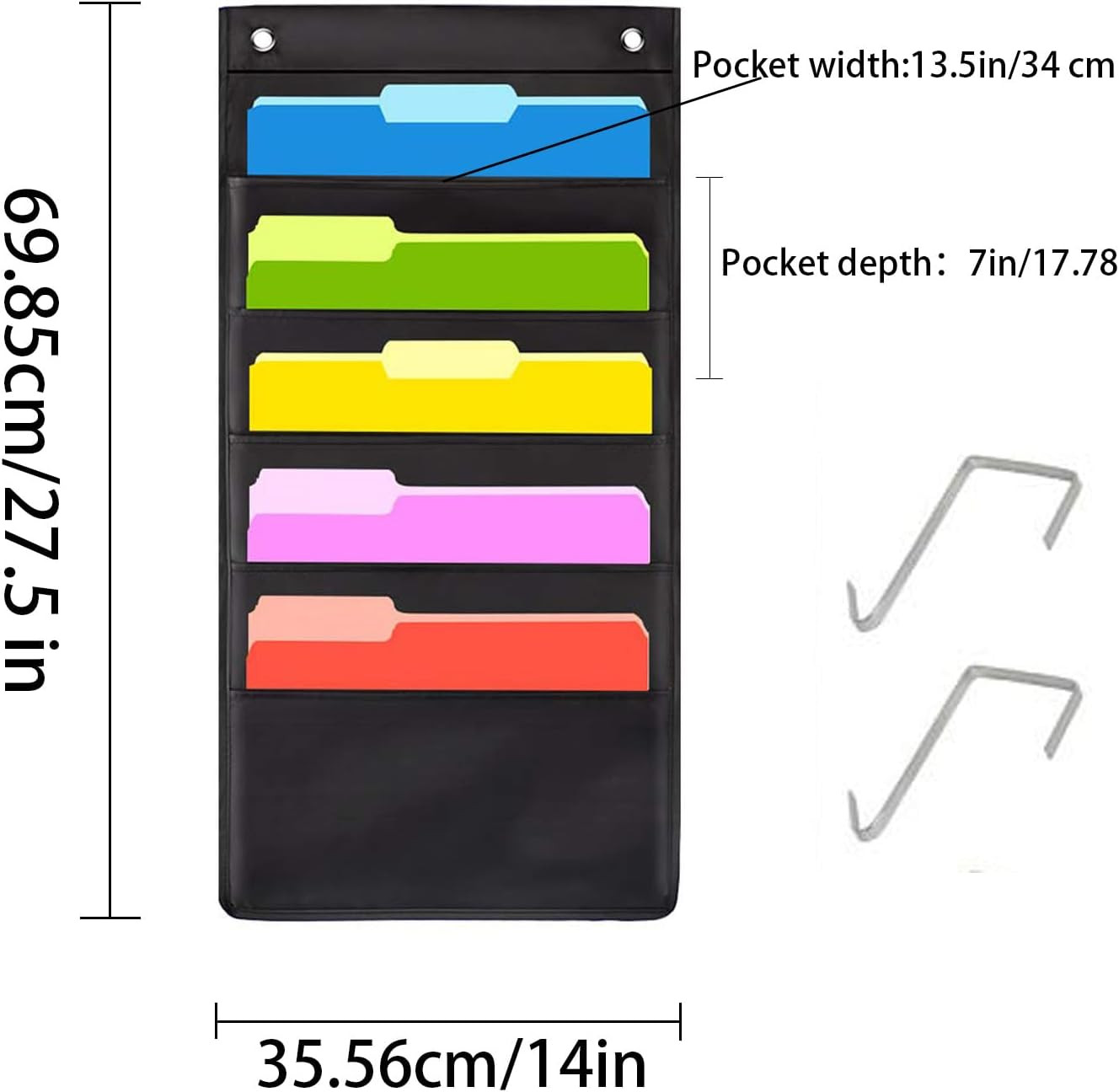 Hanging Wall File Organizer, 5 Pocket, Black Wall Storage Pocket Charts with 2 H