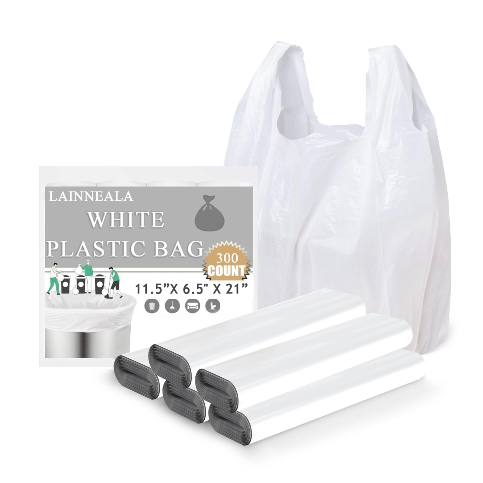 T Shirt Bags, 1000 Count, With Handles Recyclable White Plastic 11″x 6″x 21″