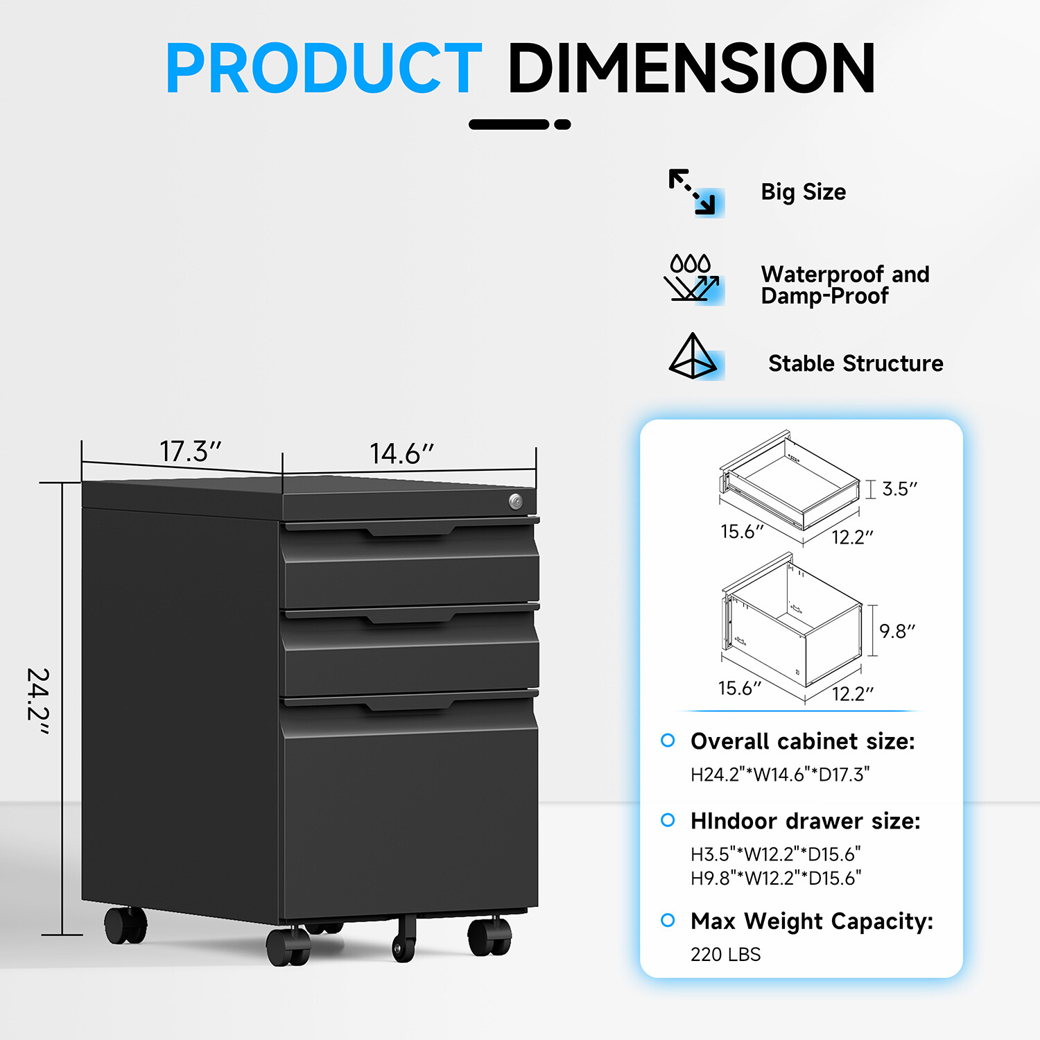 3 Drawer File Cabinet with Lock,Office Under Desk Rolling Filing Cabinet Storage