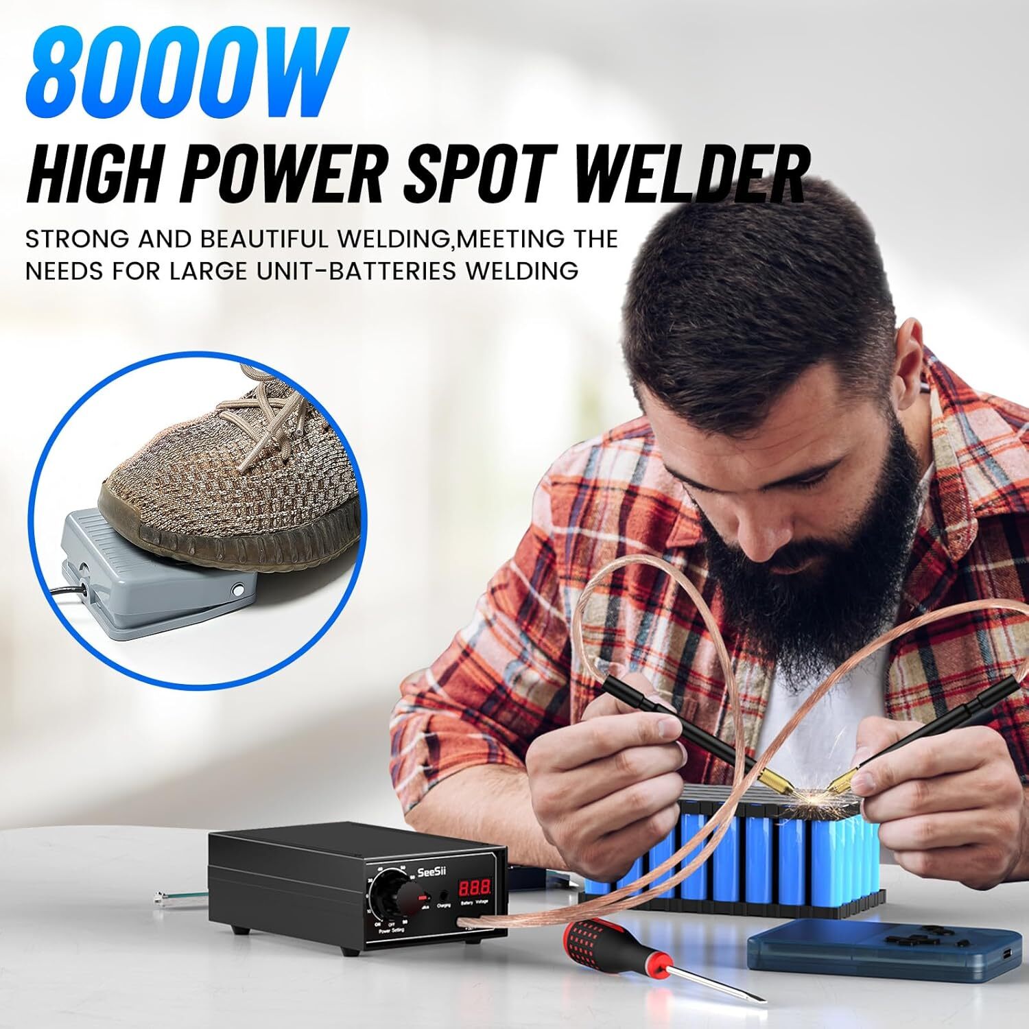 Seesii 8000W Spot Welder Foot Pedal Welding 90 Gears Spot Welding Machine kit