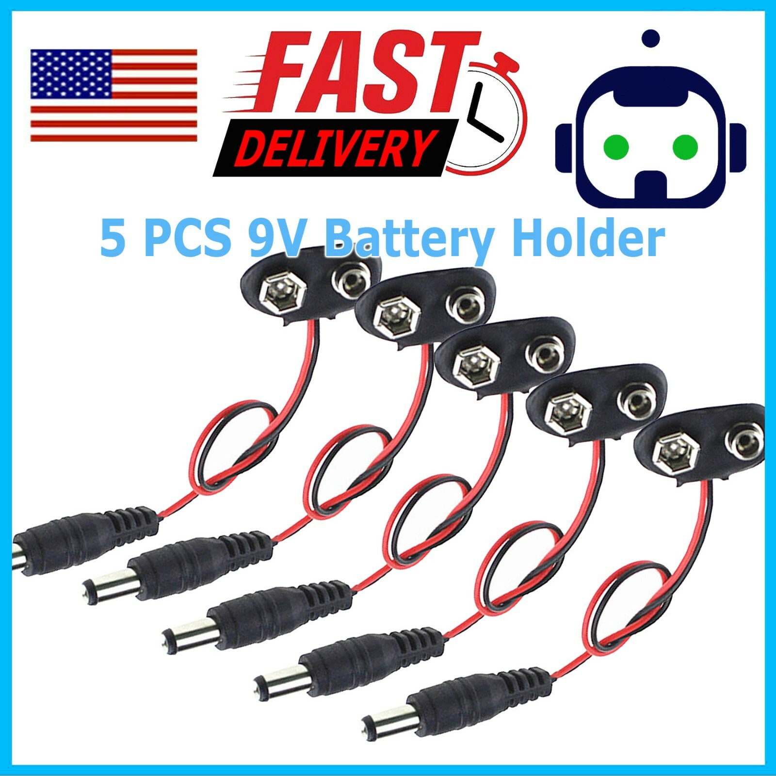 5 PC 9V Volt Battery T Type Connector Adapter Clip with 5.5mm DC Plug