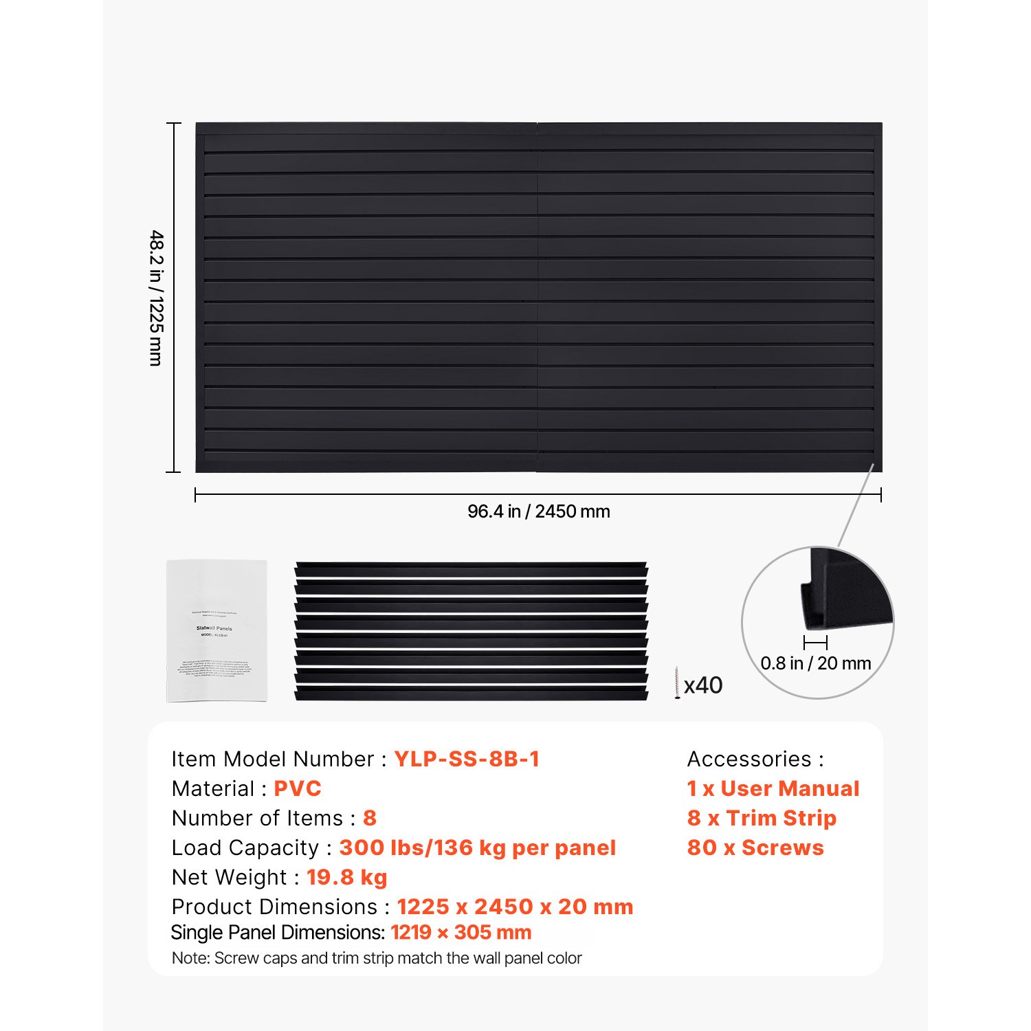 Uimoso 8 x 4 ft Slat Wall Paneling PVC Black Garage Slatwall with Modular Design