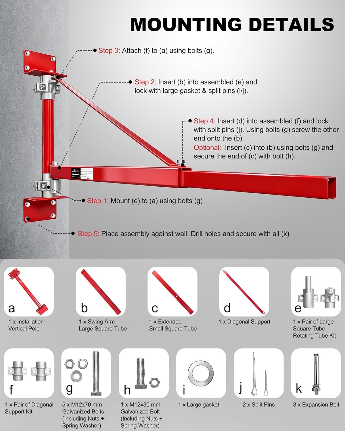 Wall Mount Jib Crane, 1320 lbs Electric Hoist Holder Swing Arm