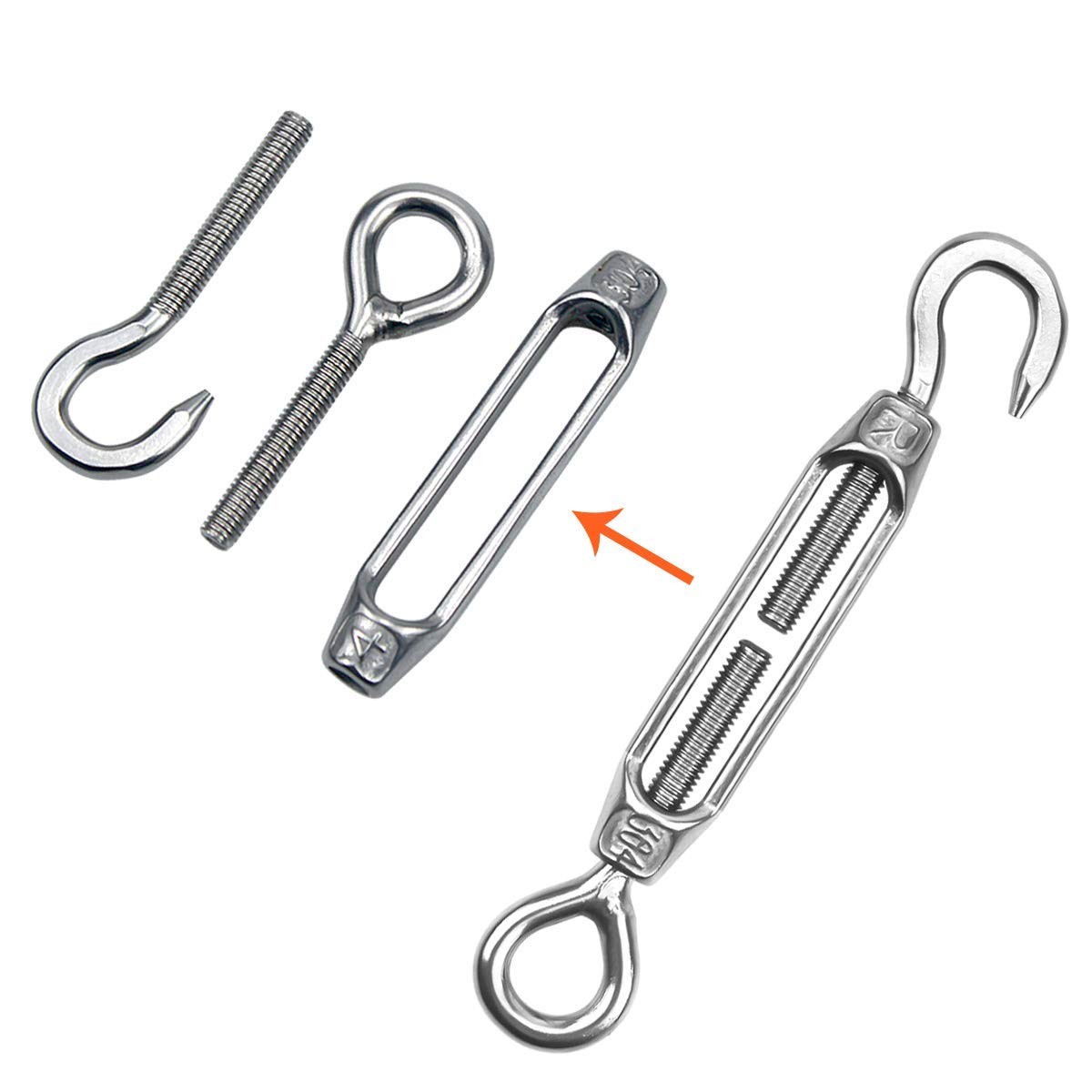 YAMASO 6Pcs M4 Hook & Eye Turnbuckle Wire Rope Tensioner Stainless Steel 304