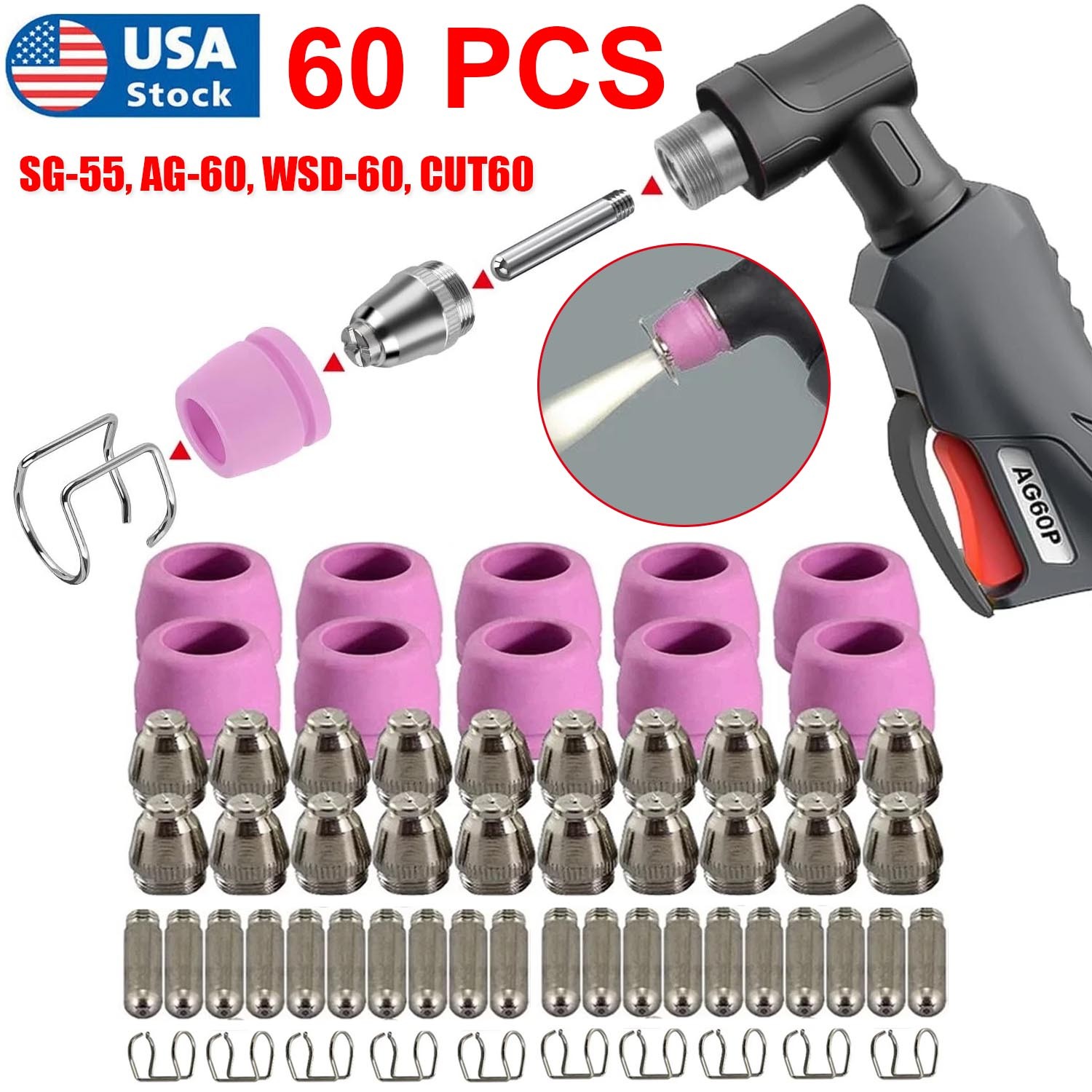 60pcs Plasma Cutter Torch Consumables Kit for SG-55, AG-60, WSD-60 CUT50 60Amp