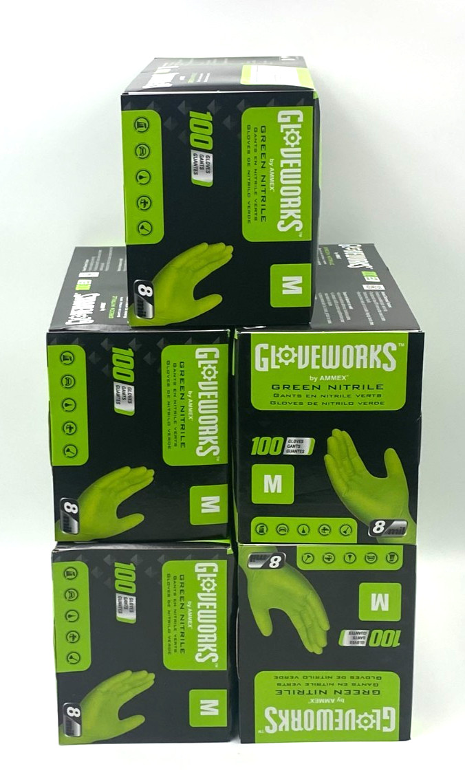 Gloveworks 8 Mil Nitrile Gloves Green Medium 500 Count Heavy Duty Disposable NEW