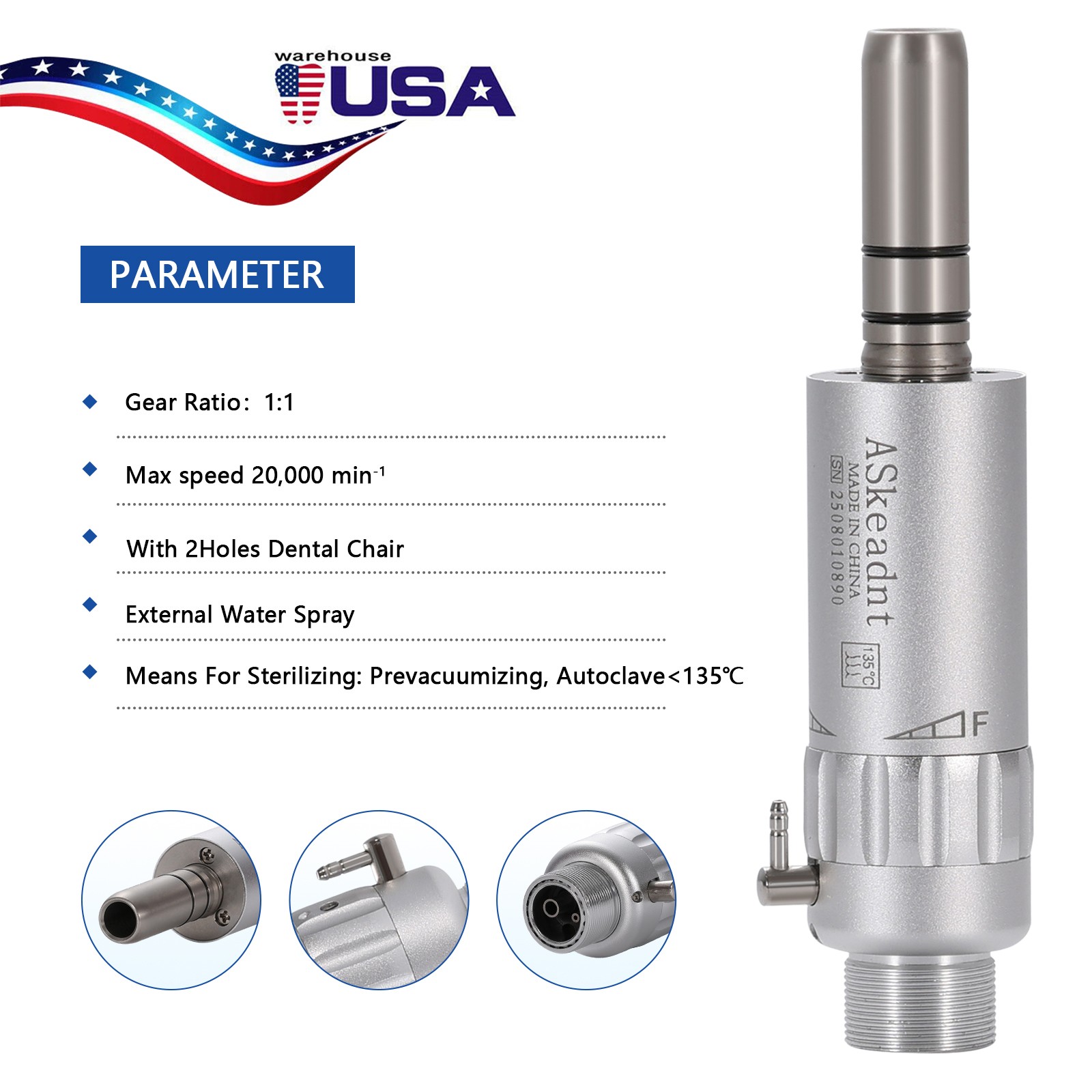 ASkeadnt Dental Slow Low Speed Handpiece Air Motor E-type 2 Holes Connector