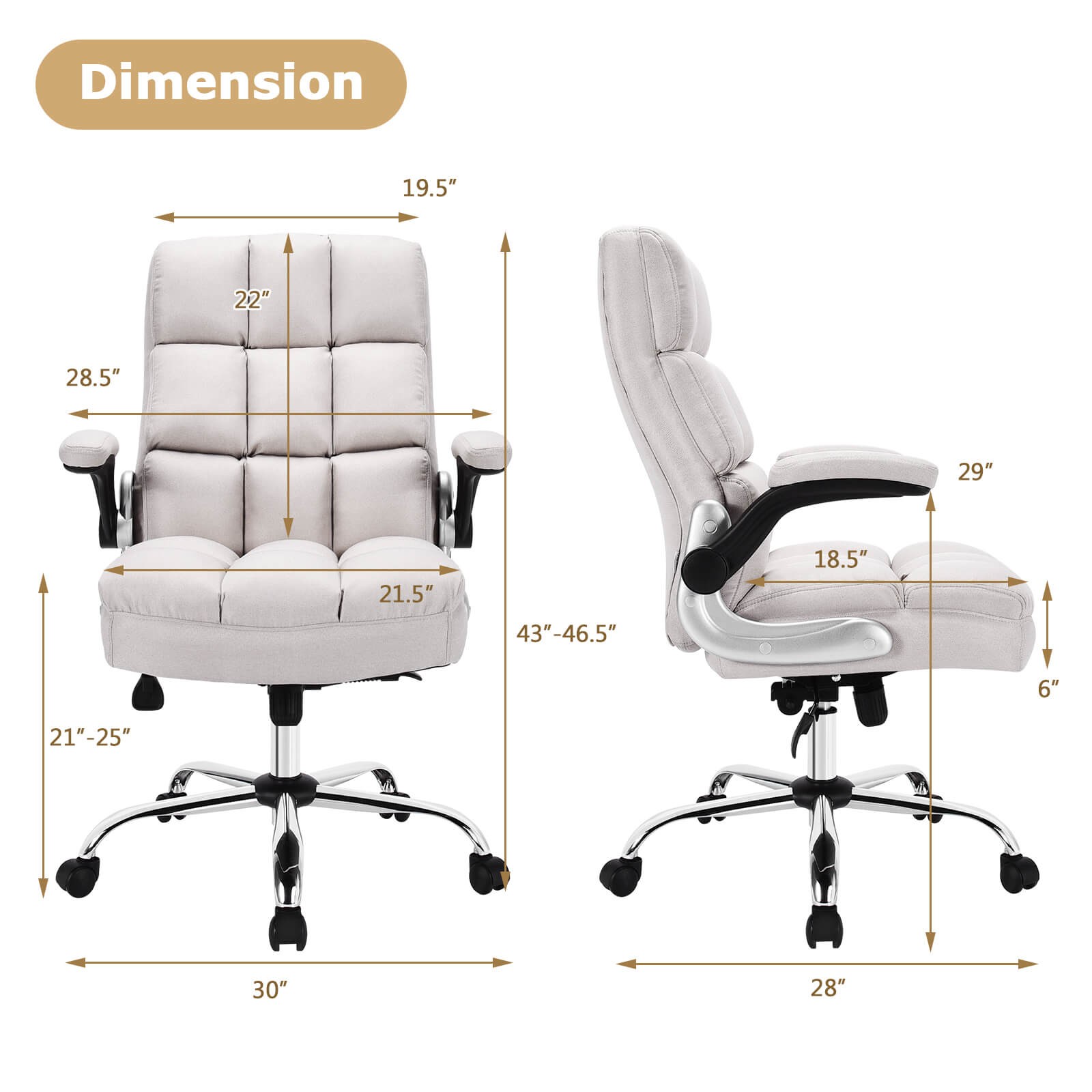 Costway High Back Big & Tall Office Chair Adjustable Swivel w/Flip-up Arm Beige