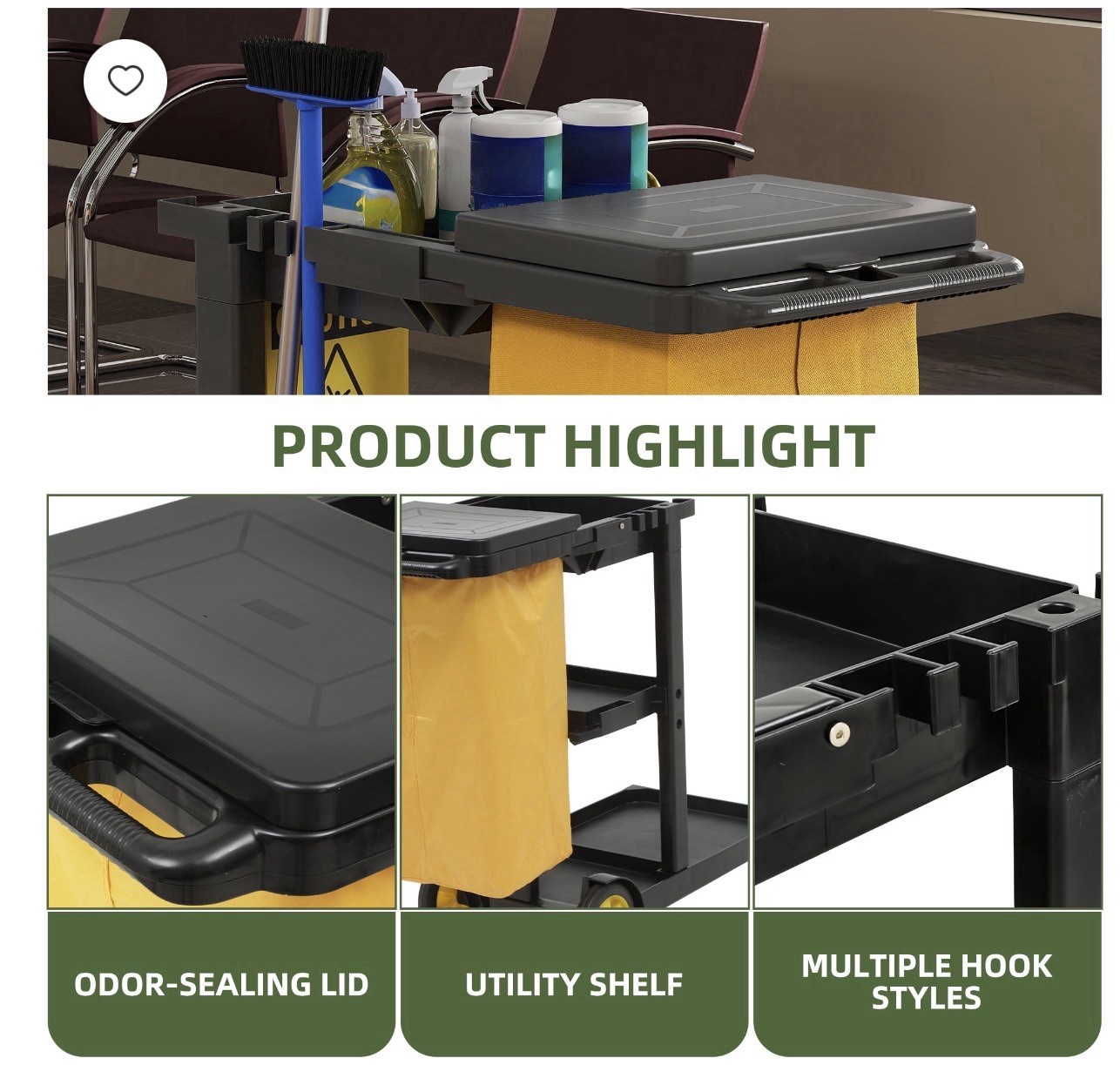 Janitorial Cleaning Cart w/ Bag, Odor-Sealing Lid, Shelves & Dividers