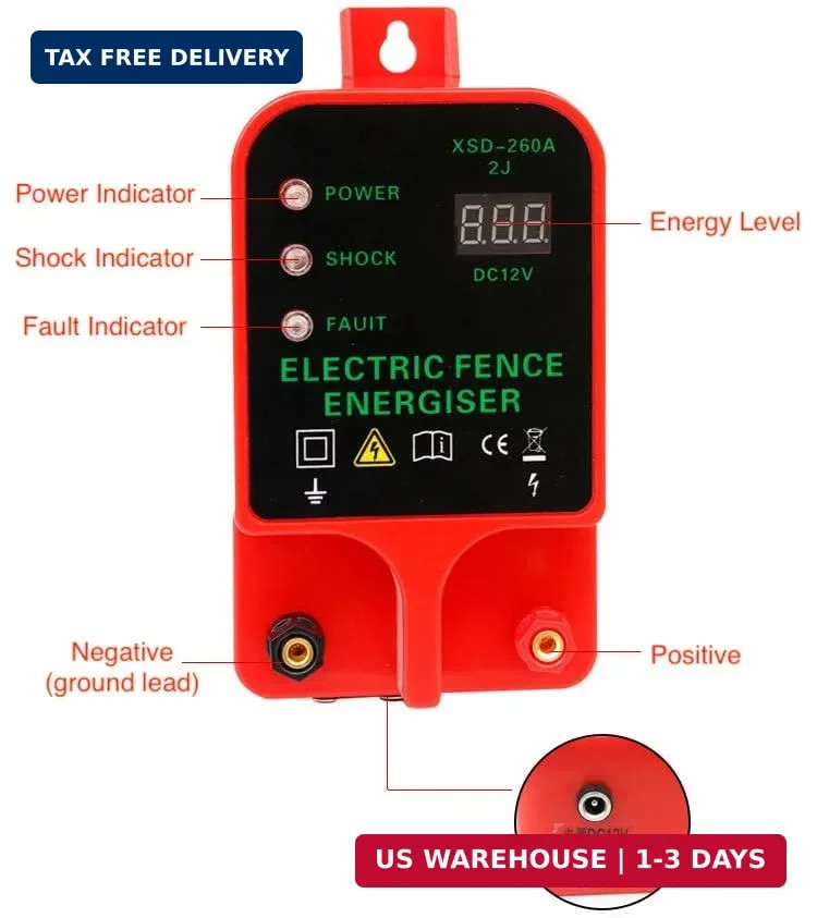 10KM 2J Portable Electric Fence Energizer, Waterproof Fence Charger for Livestoc