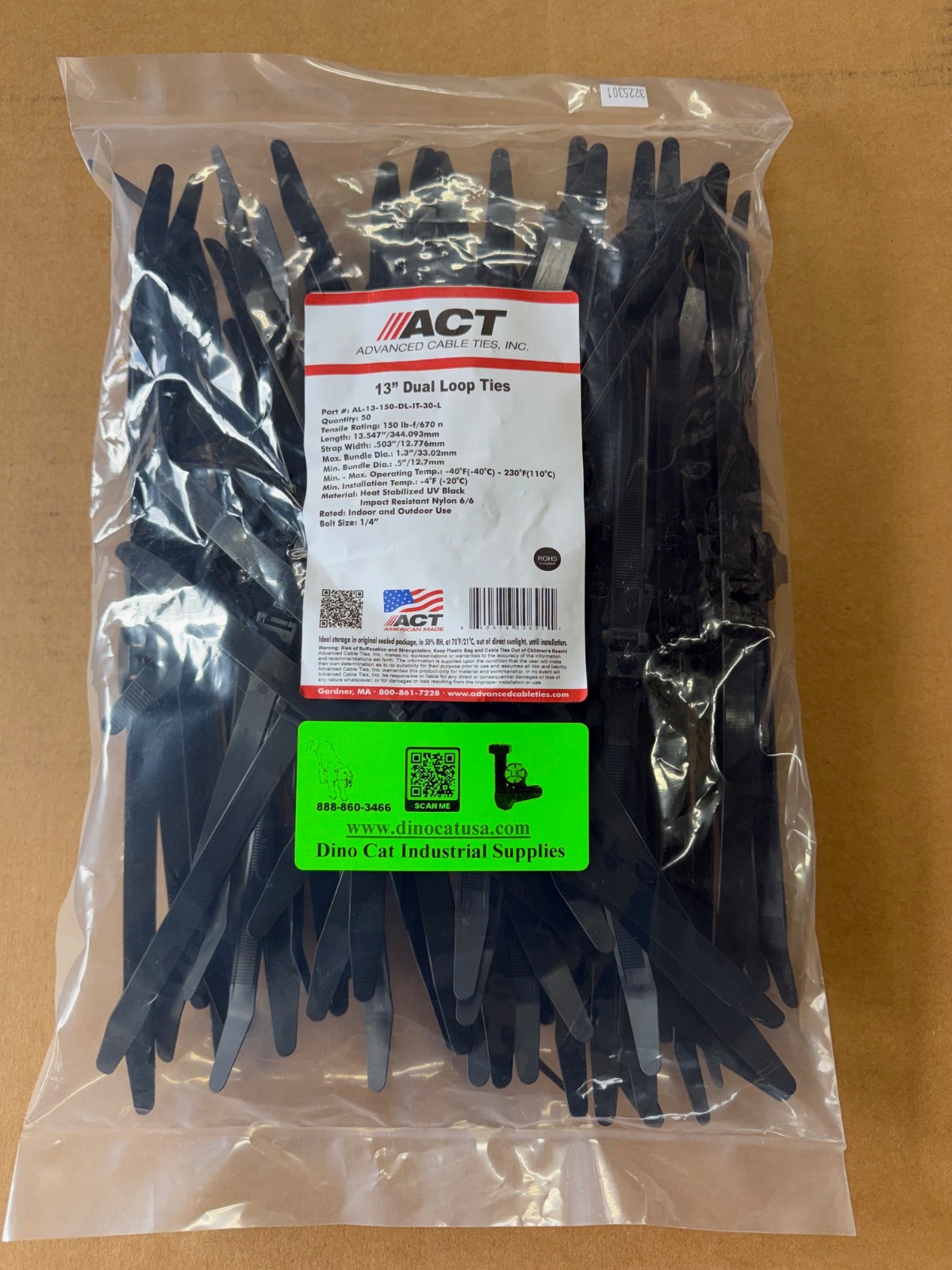 ACT Dual Loop Cable Ties, 13″, UV Black, 50/Pkg (AL-13-150-DL-IT-30-L) ACT