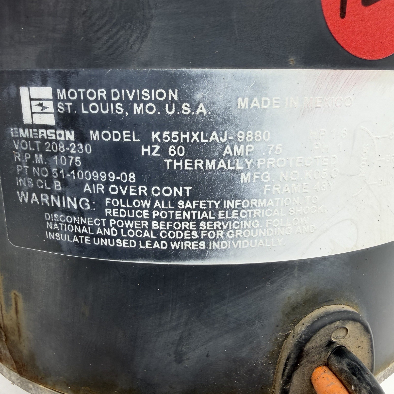 Emerson K55HXLAJ-9880 Condenser Fan Motor 1075 RPM 1/6 HP 200-230 V used