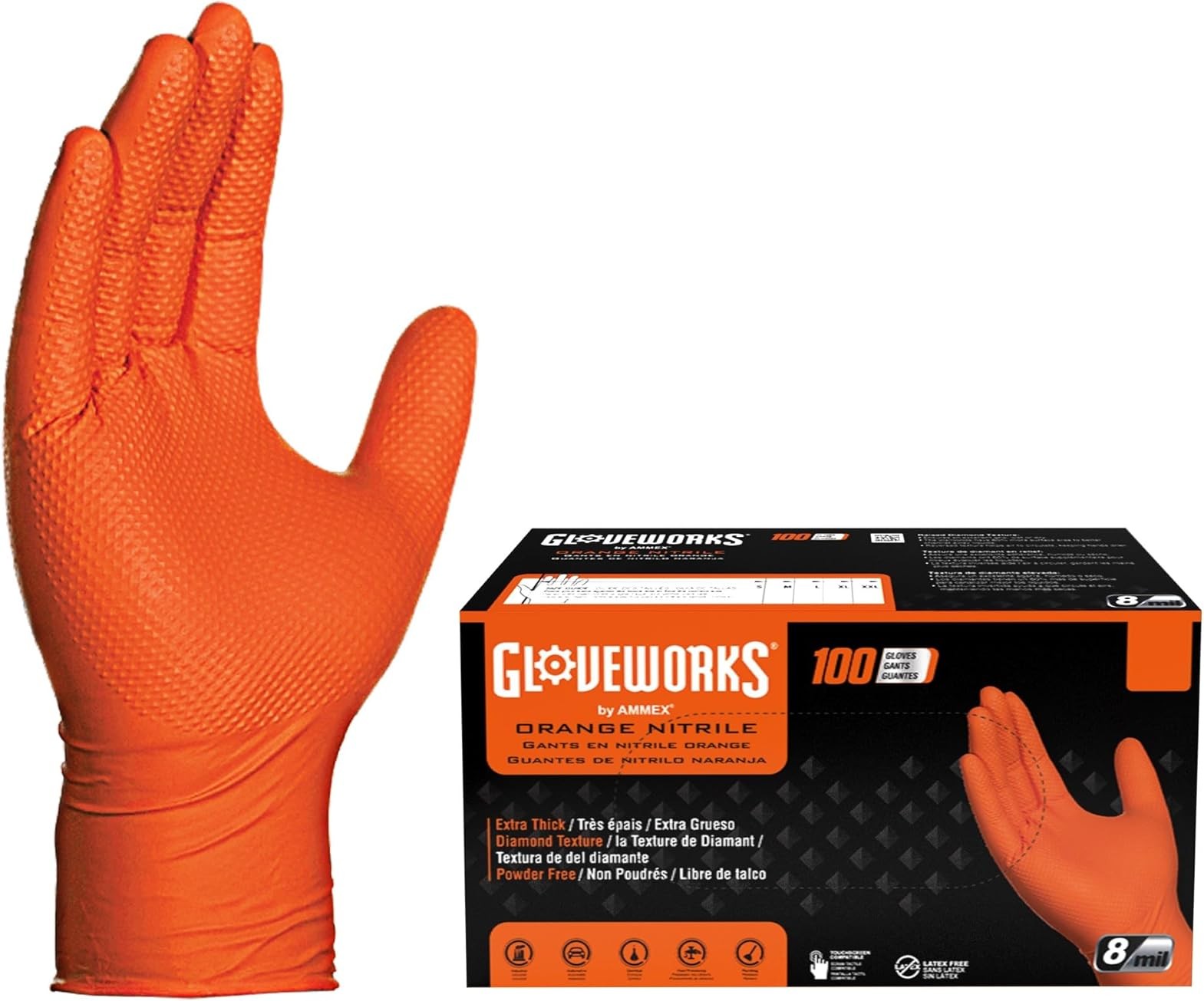 Gloveworks 100-Pack 8 Mil Nitrile Disposable Rubber Gloves, Medium, Orange