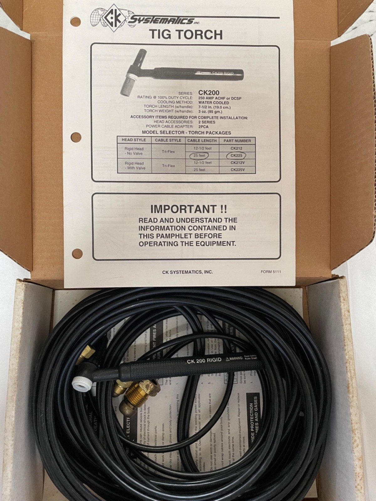 CK Worldwide 250 AMP Tig Torch NEW